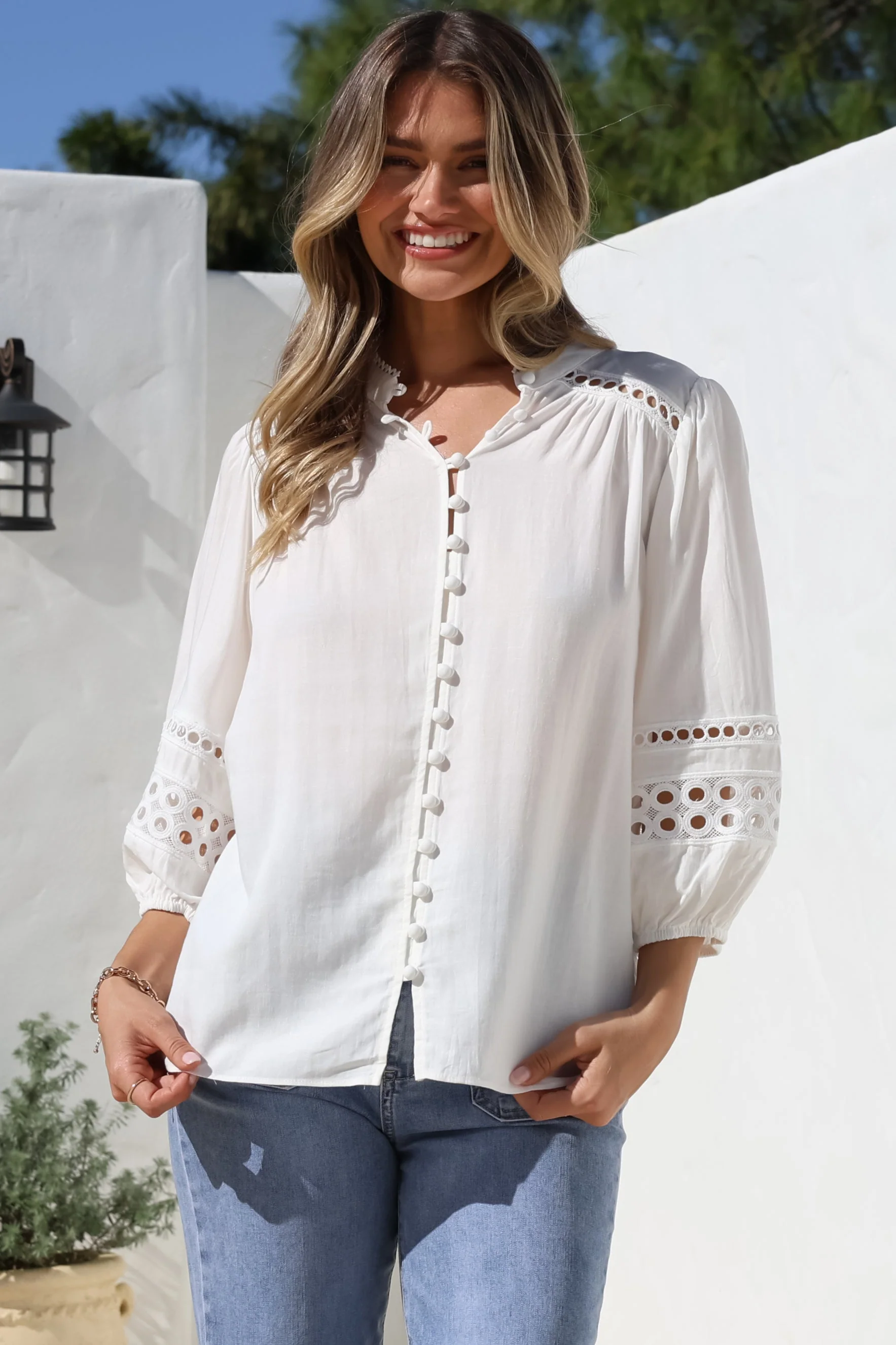 Alyce Shirt - Mandarin Collar Cut Out Detailed Sleeve Button Down in White - Image 8