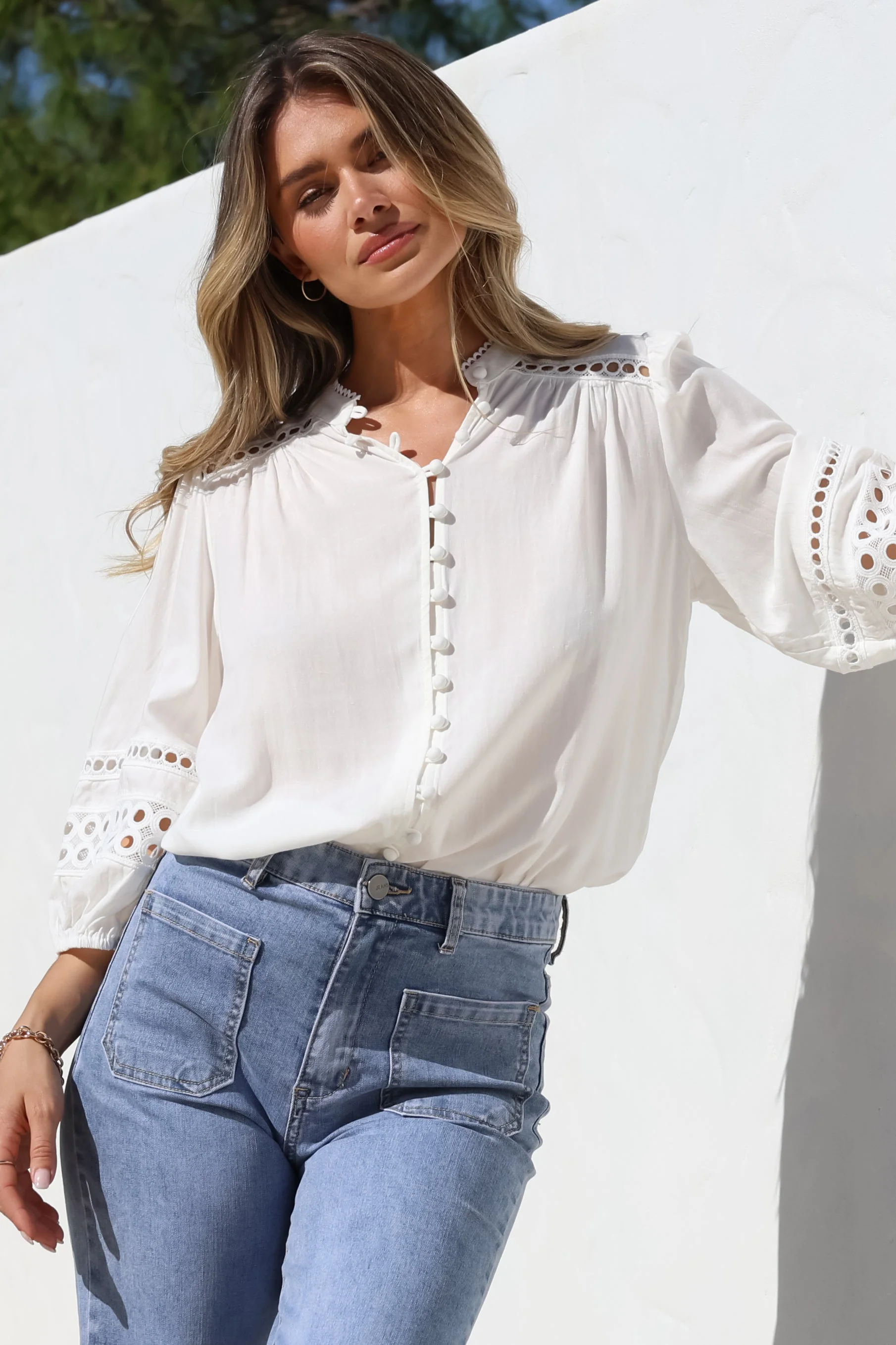 Alyce Shirt - Mandarin Collar Cut Out Detailed Sleeve Button Down in White - Image 9
