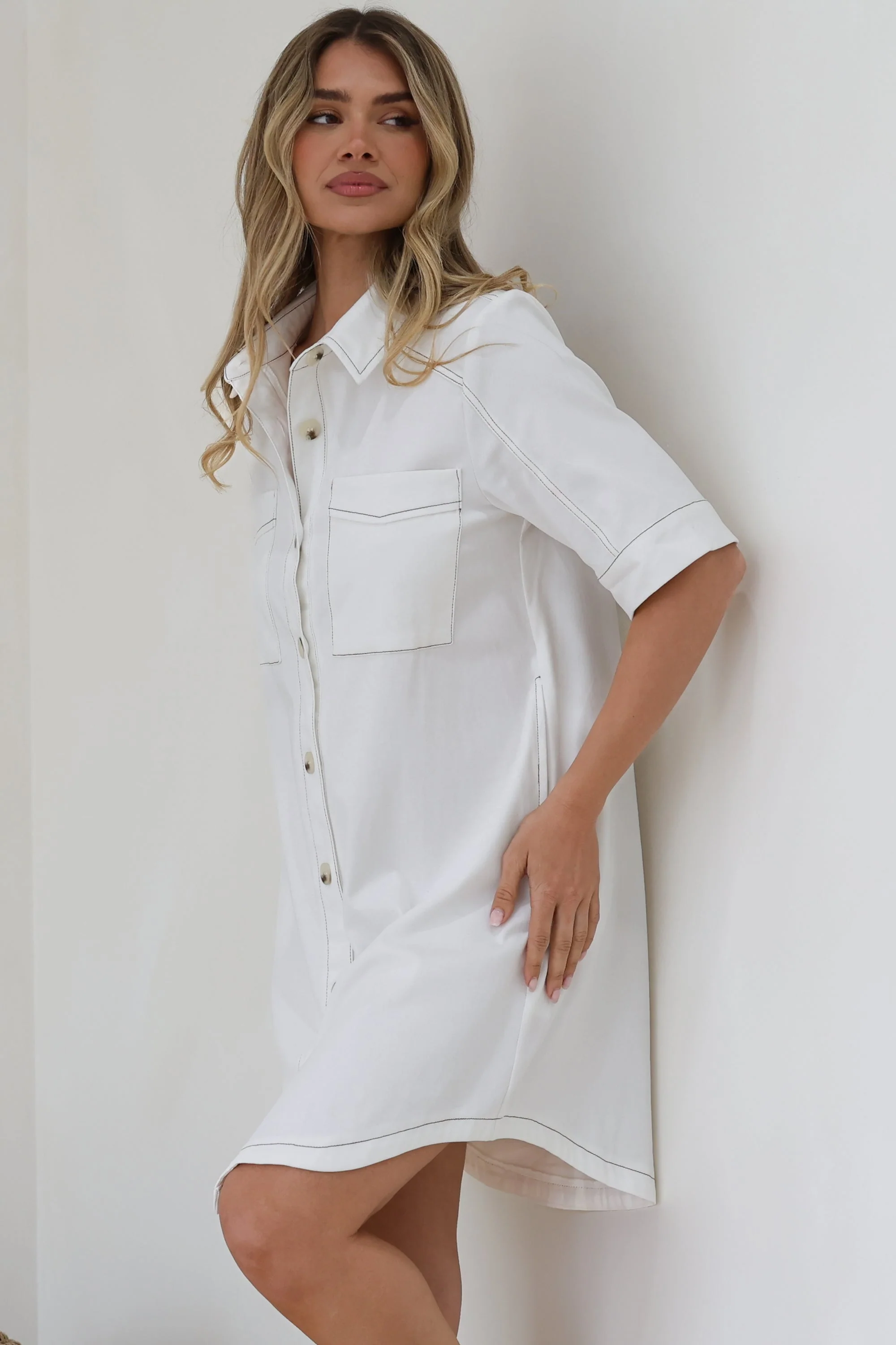 Alyssa Mini Dress - Collared Button-Down Denim Shirt Dress in White - Image 3
