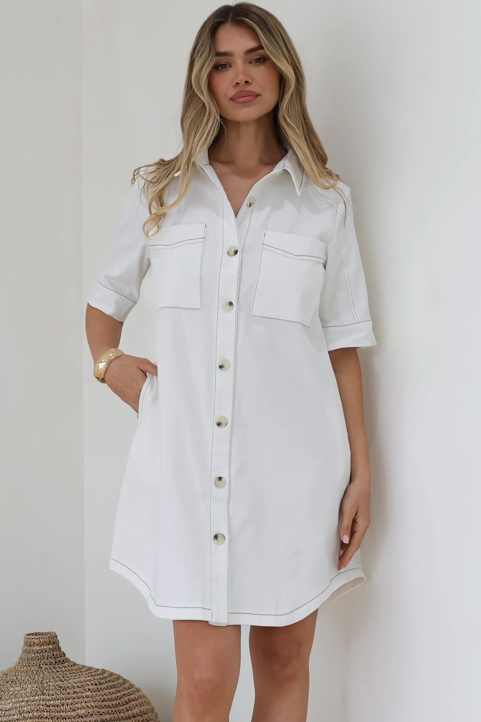 Alyssa Mini Dress - Collared Button-Down Denim Shirt Dress in White - Image 7