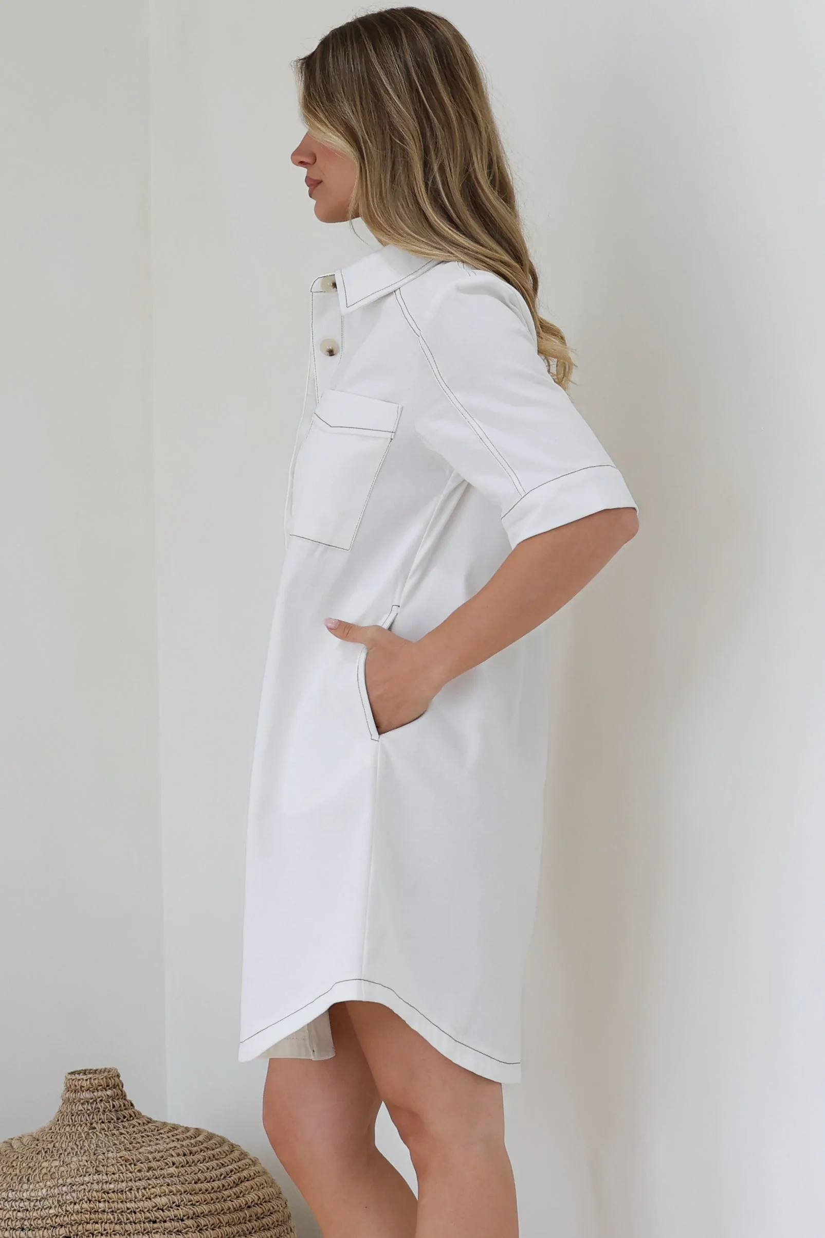 Alyssa Mini Dress - Collared Button-Down Denim Shirt Dress in White - Image 8