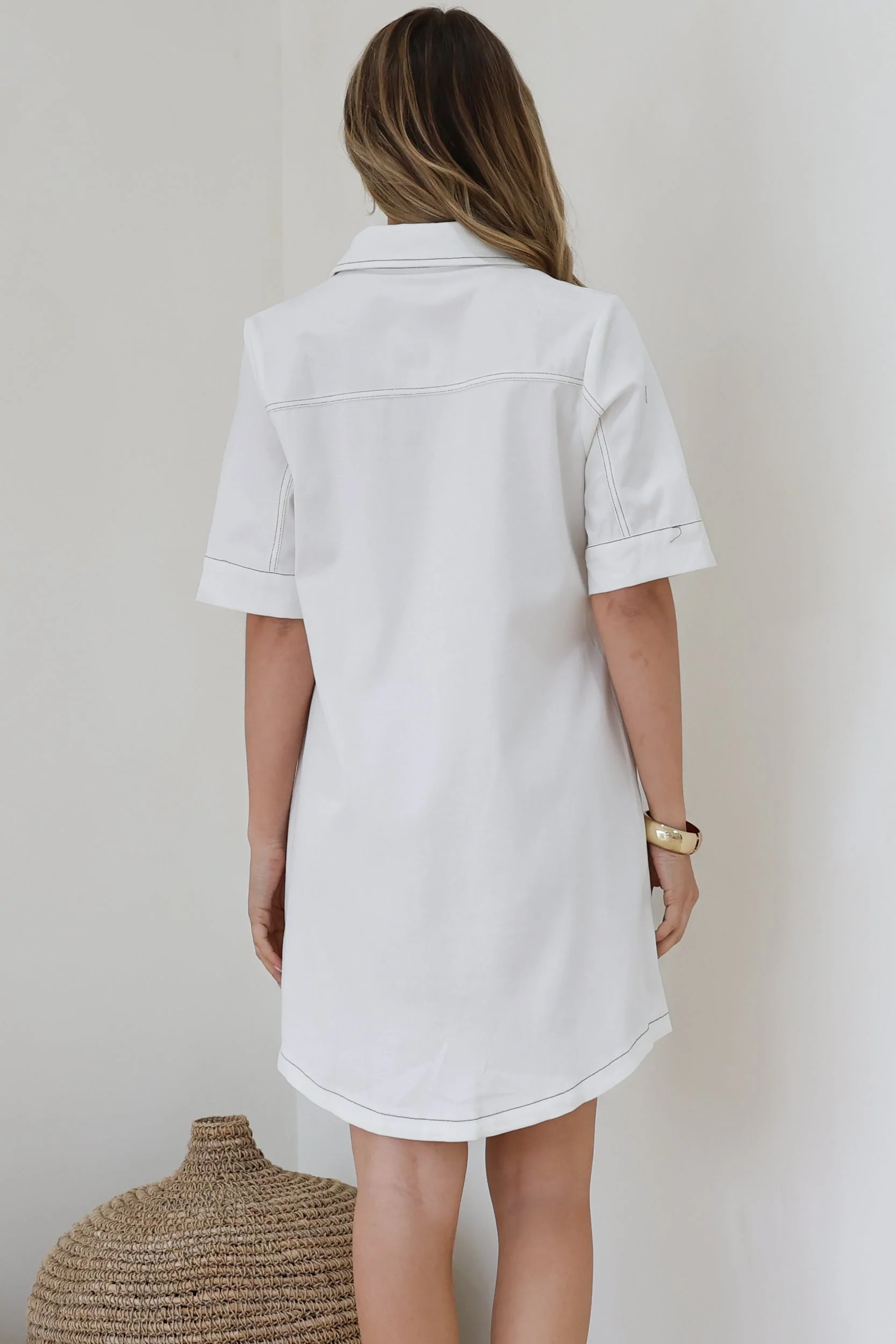 Alyssa Mini Dress - Collared Button-Down Denim Shirt Dress in White - Image 9