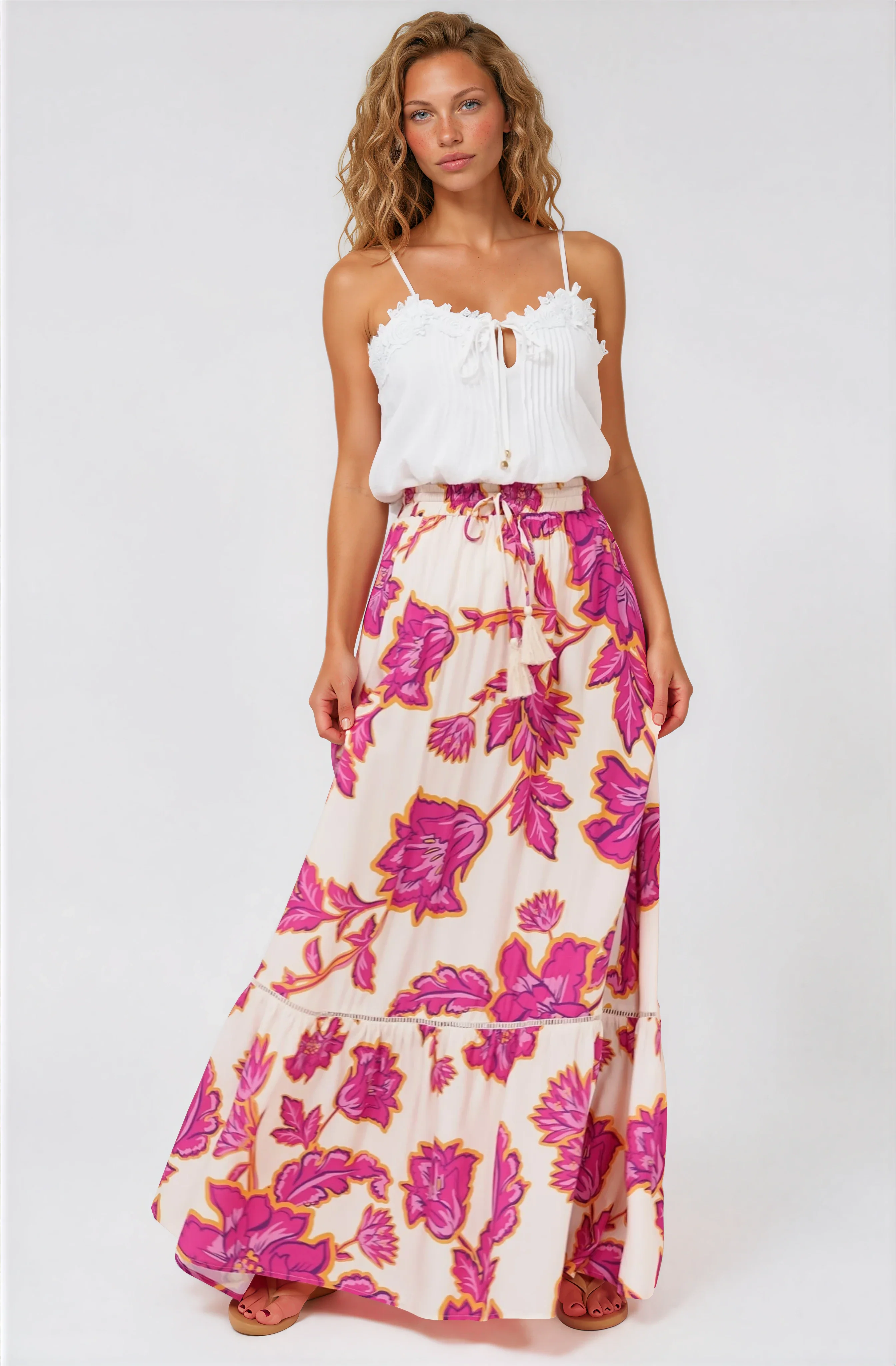 Amana Maxi Skirt - Tiered Skirt with Ladder Lace Insert Splicing in Kalia Print Cream