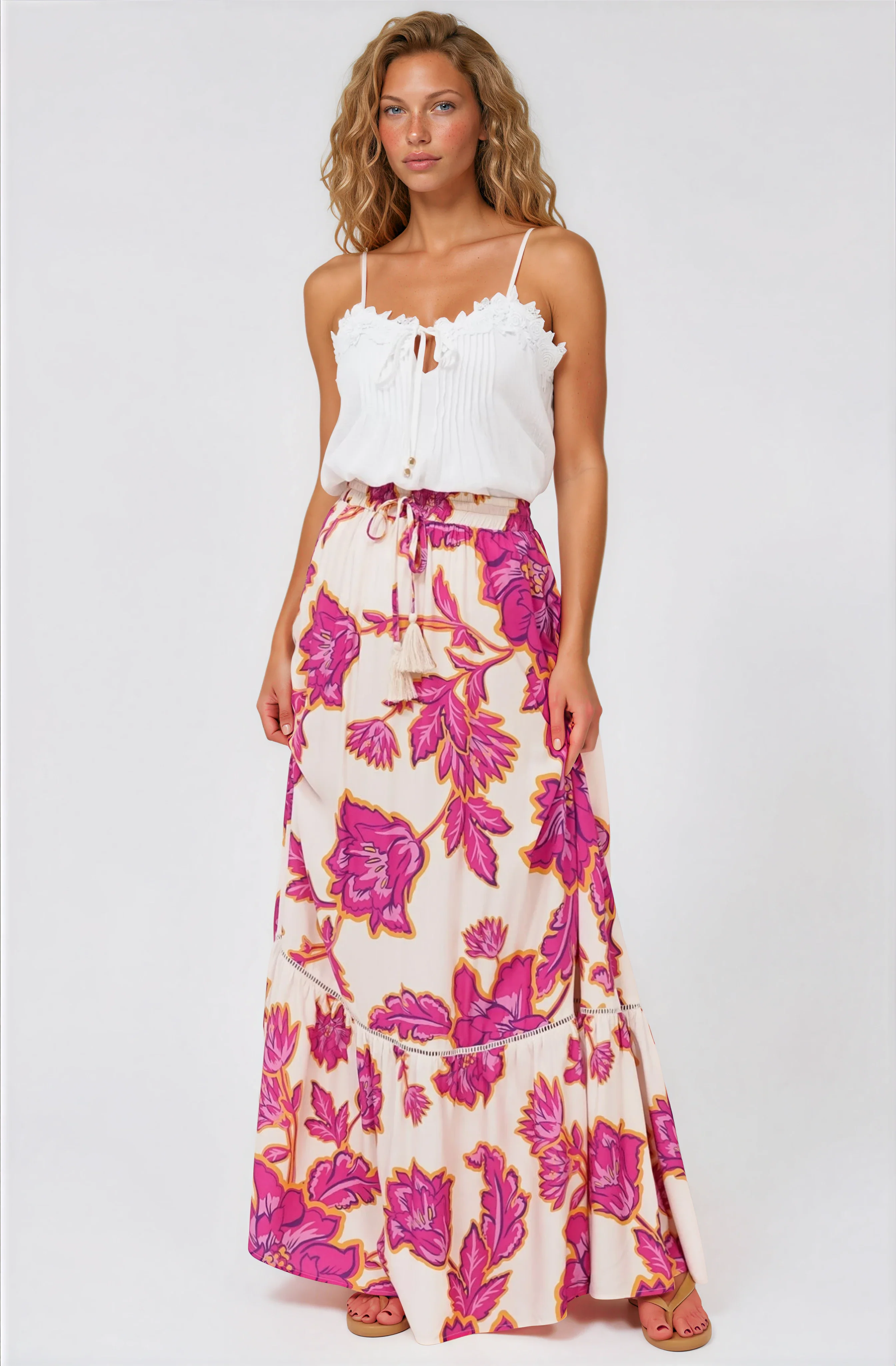 Amana Maxi Skirt - Tiered Skirt with Ladder Lace Insert Splicing in Kalia Print Cream - Image 2