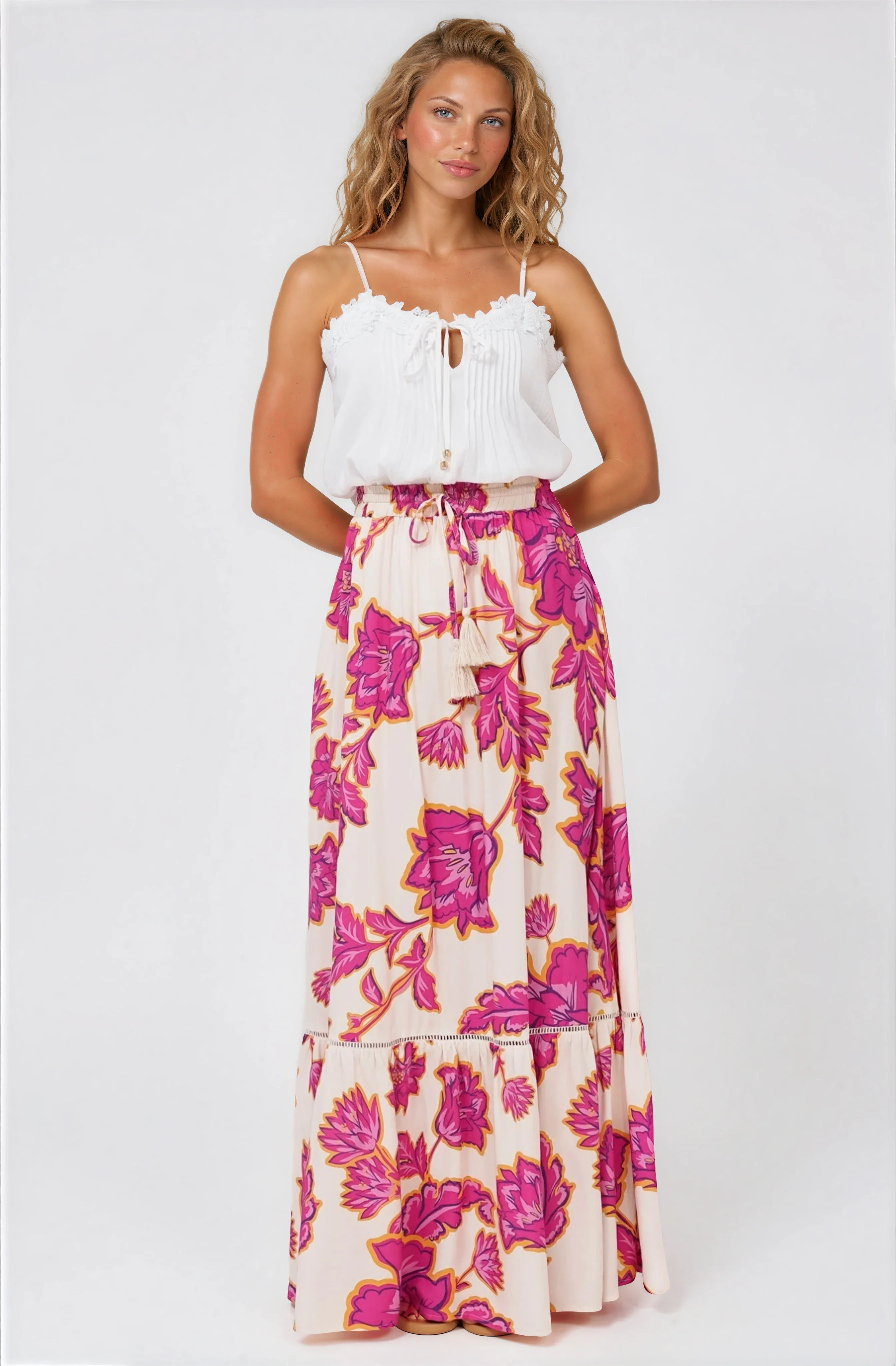 Amana Maxi Skirt - Tiered Skirt with Ladder Lace Insert Splicing in Kalia Print Cream - Image 3