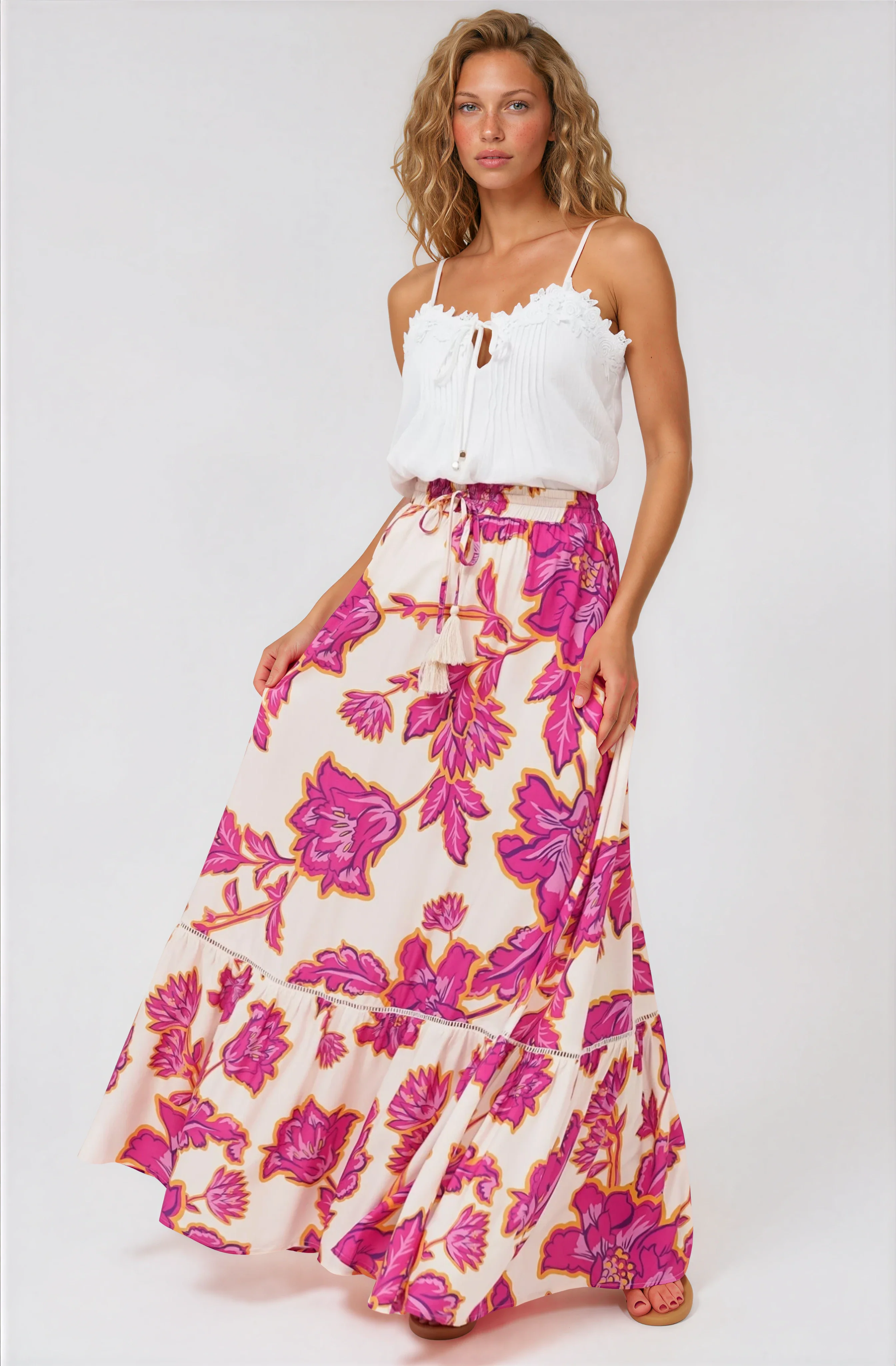 Amana Maxi Skirt - Tiered Skirt with Ladder Lace Insert Splicing in Kalia Print Cream - Image 4