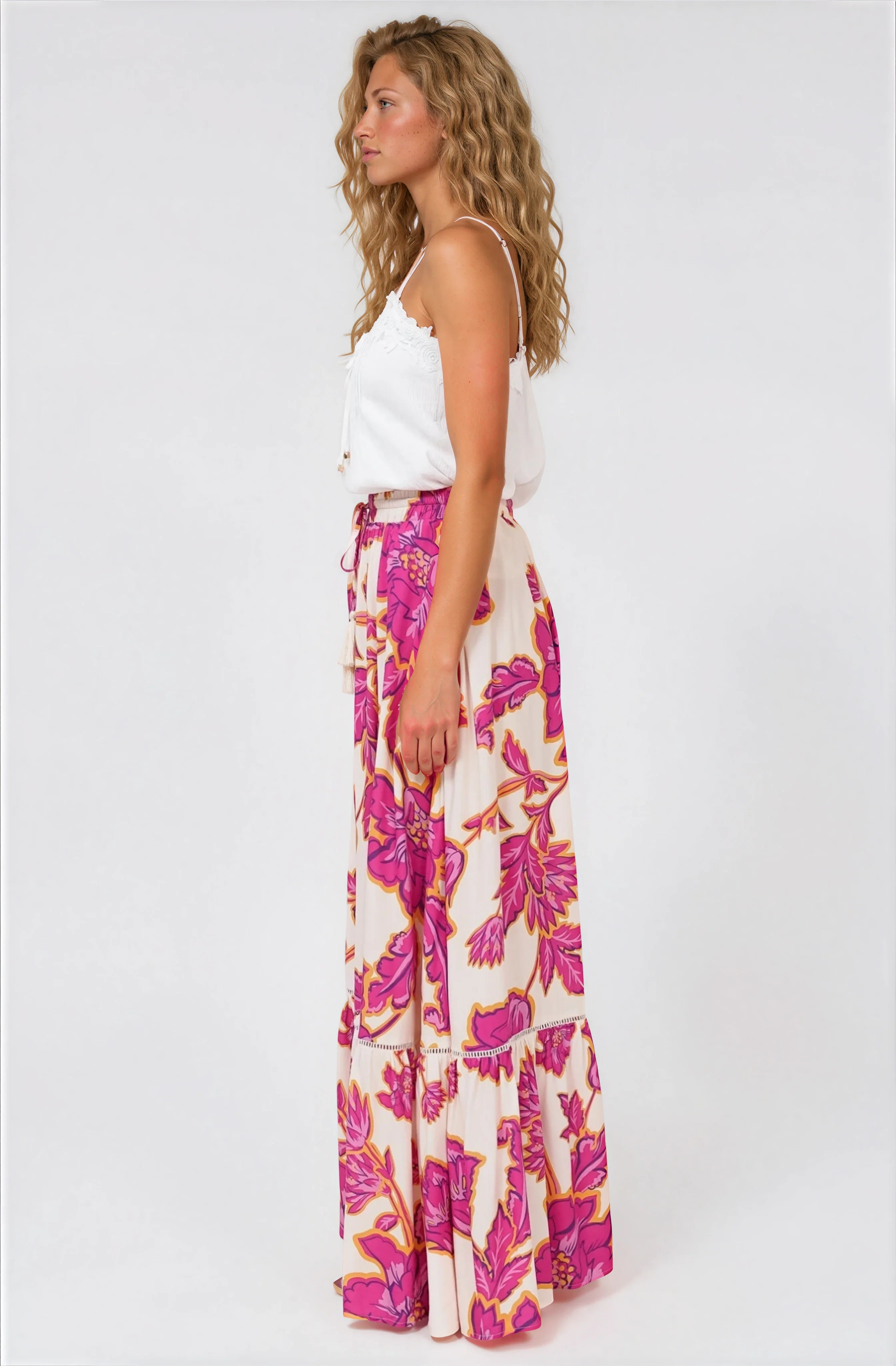 Amana Maxi Skirt - Tiered Skirt with Ladder Lace Insert Splicing in Kalia Print Cream - Image 5