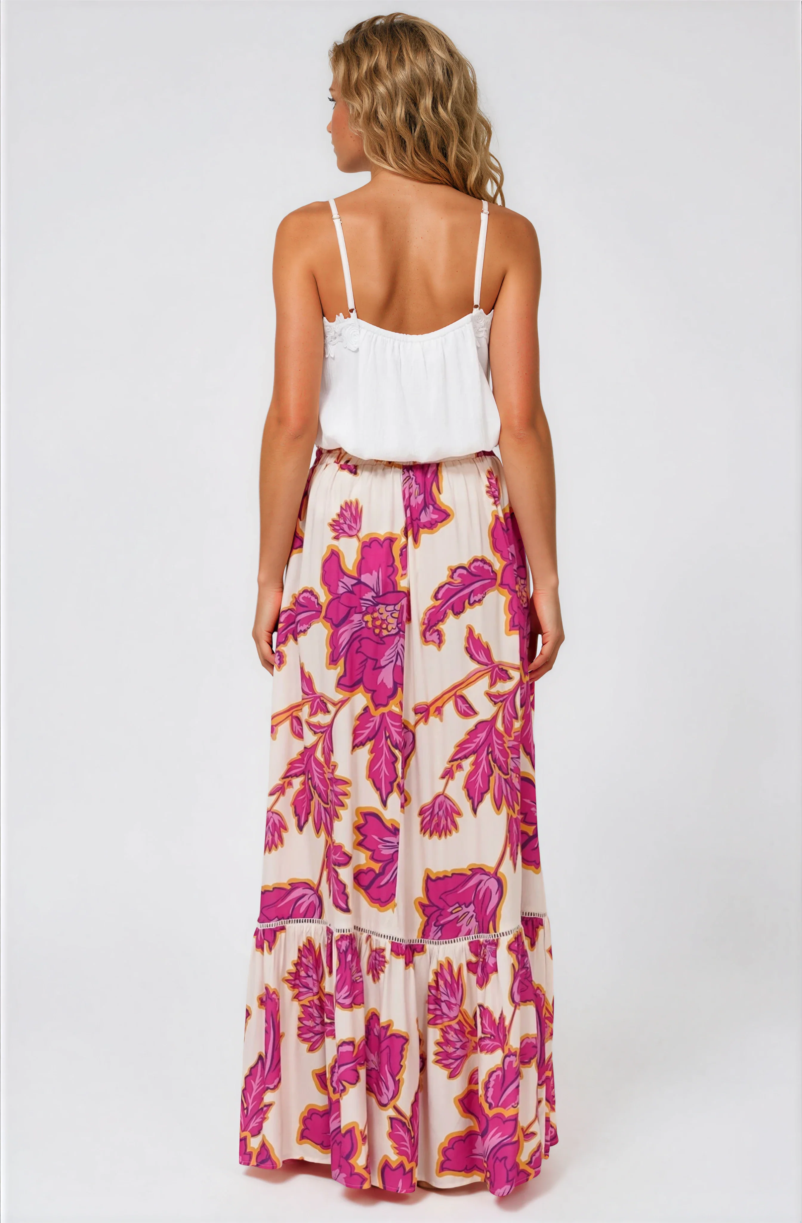 Amana Maxi Skirt - Tiered Skirt with Ladder Lace Insert Splicing in Kalia Print Cream - Image 6