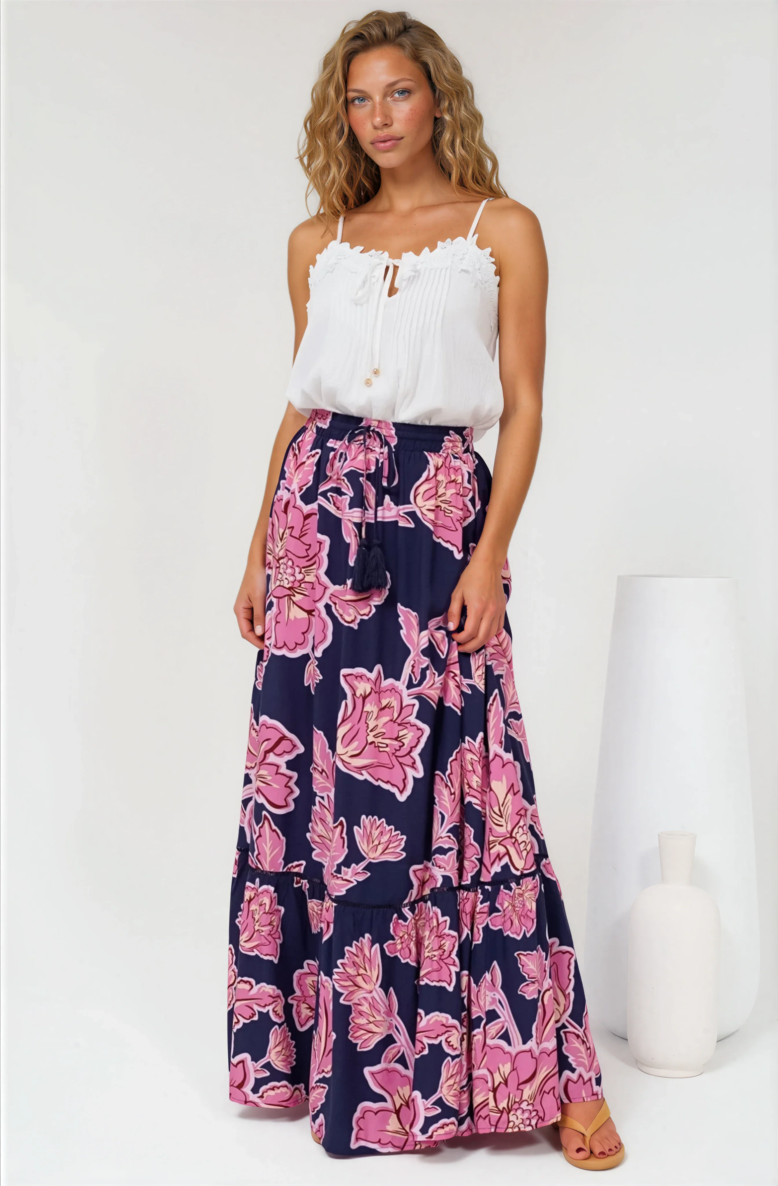 Amana Maxi Skirt - Tiered Skirt with Ladder Lace Insert Splicing in Kalia Print Navy - Image 2