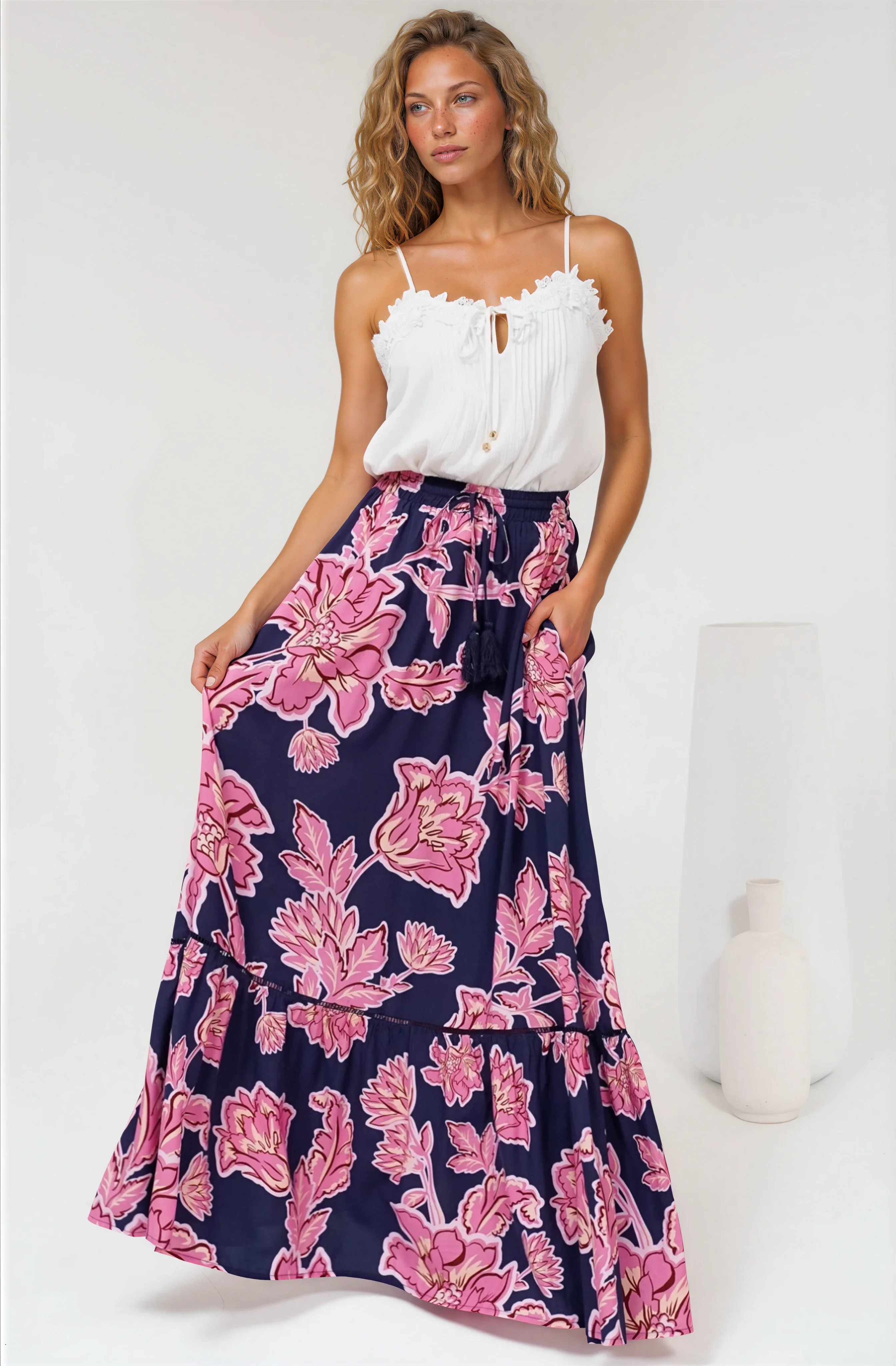 Amana Maxi Skirt - Tiered Skirt with Ladder Lace Insert Splicing in Kalia Print Navy - Image 3