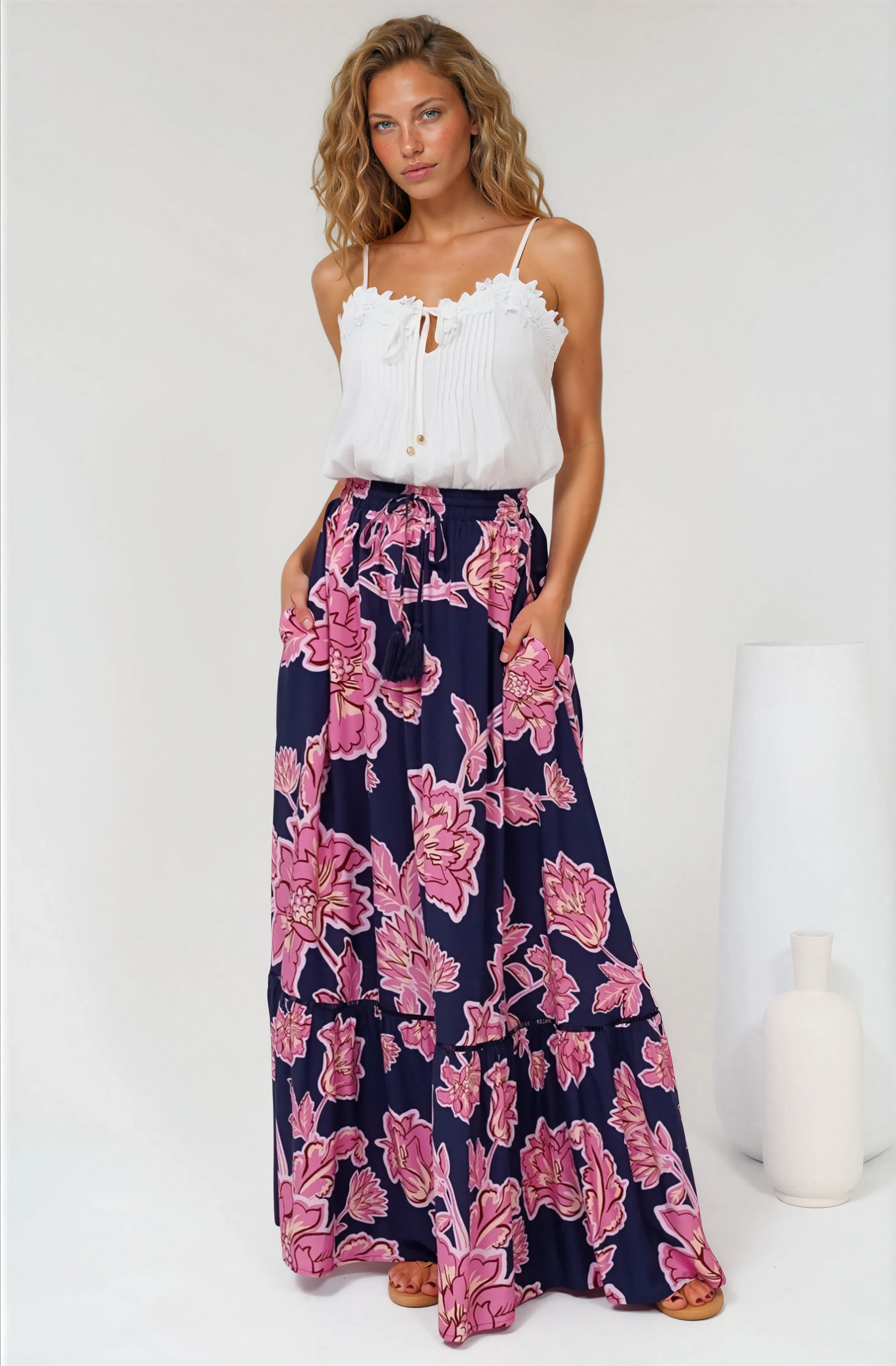Amana Maxi Skirt - Tiered Skirt with Ladder Lace Insert Splicing in Kalia Print Navy - Image 4