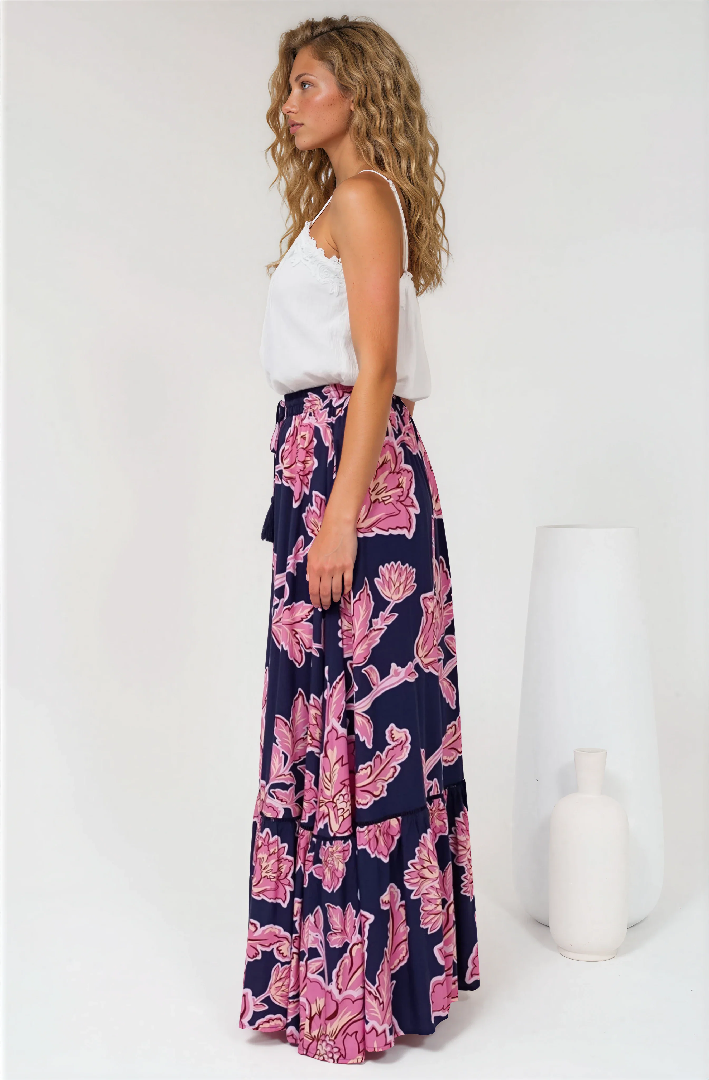 Amana Maxi Skirt - Tiered Skirt with Ladder Lace Insert Splicing in Kalia Print Navy - Image 5
