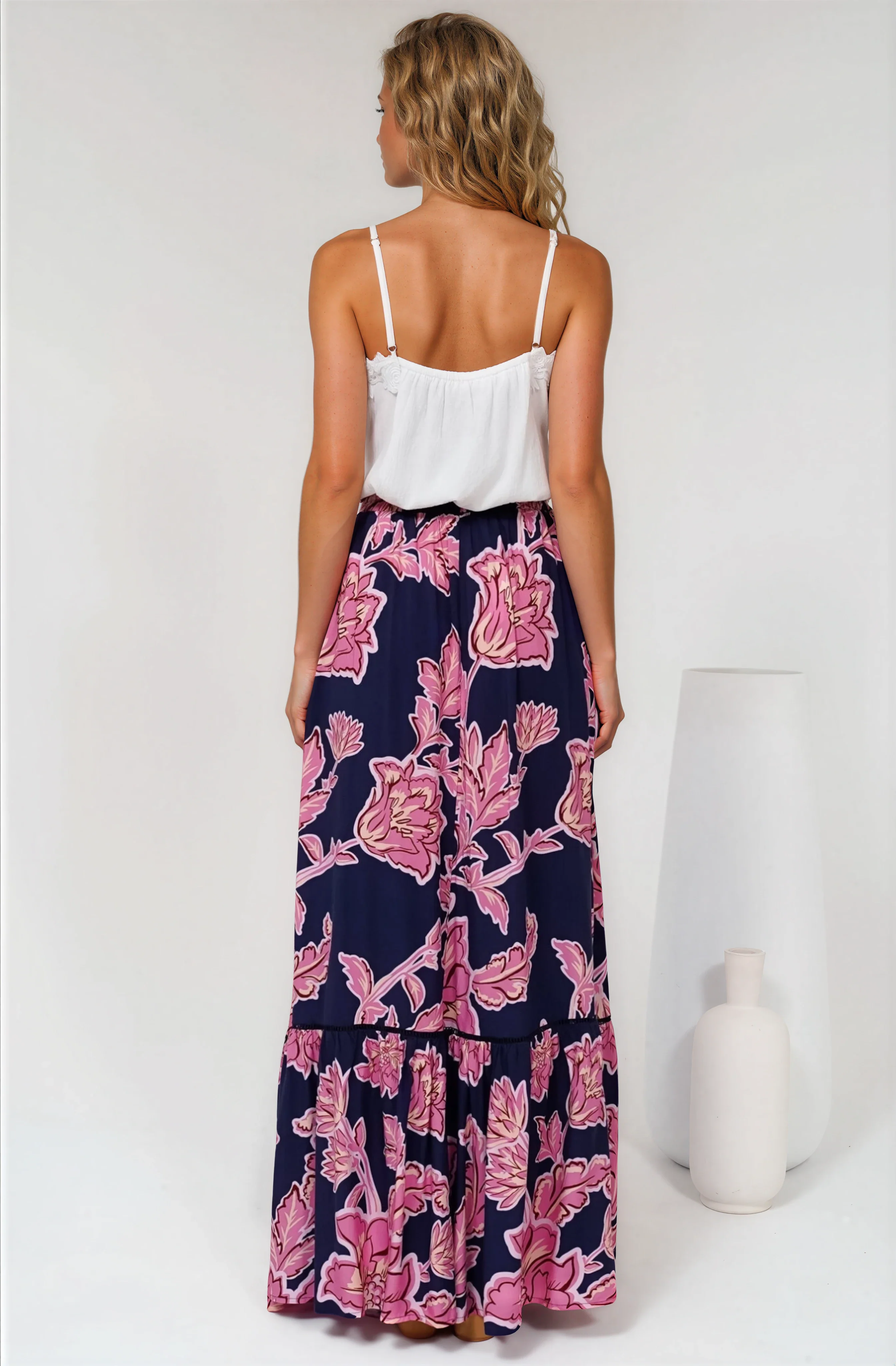 Amana Maxi Skirt - Tiered Skirt with Ladder Lace Insert Splicing in Kalia Print Navy - Image 6