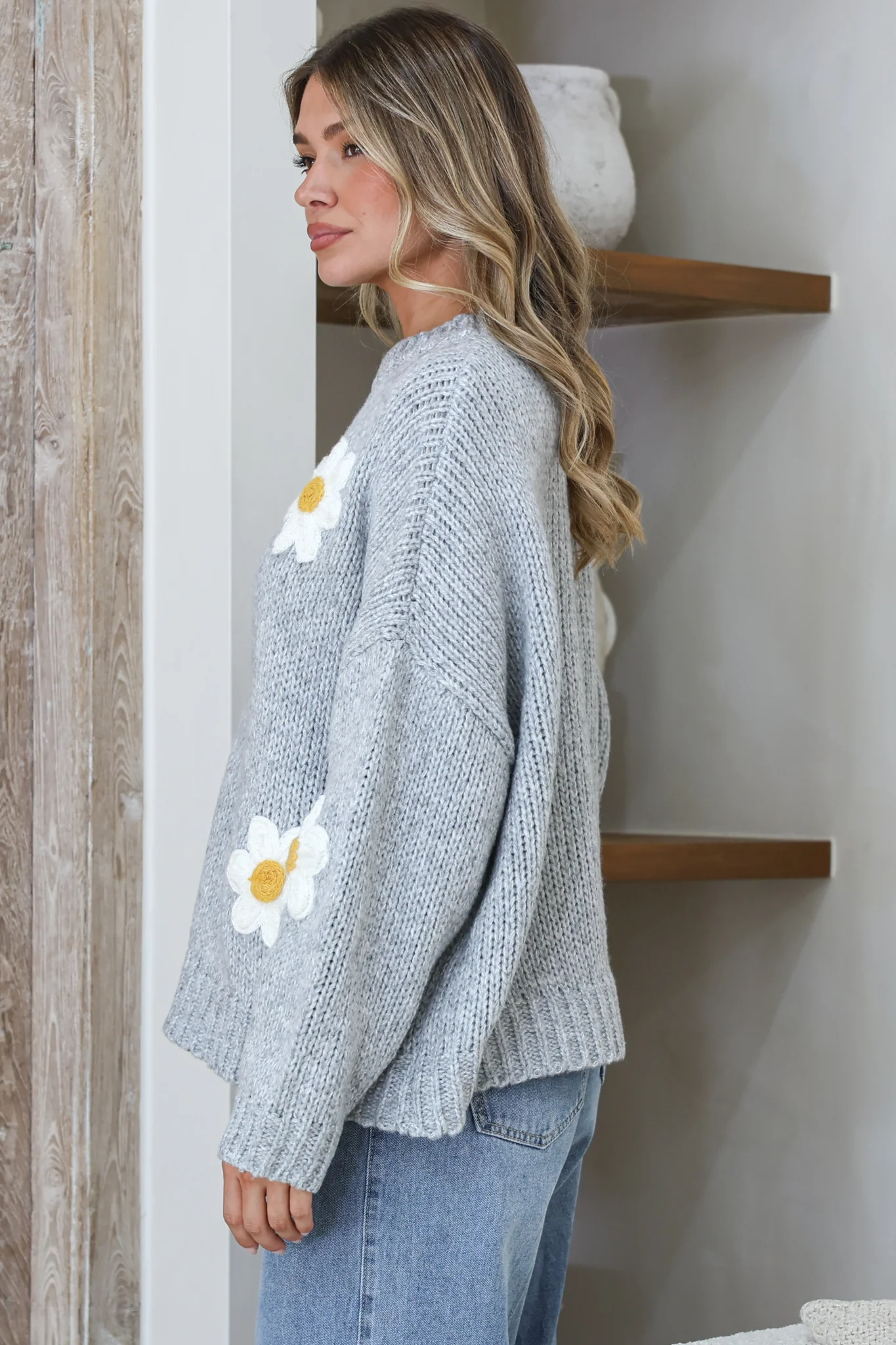 Amara Jumper - Crew Neck Floral Motif Knit with Ribbed Hemlines in Grey - Image 5