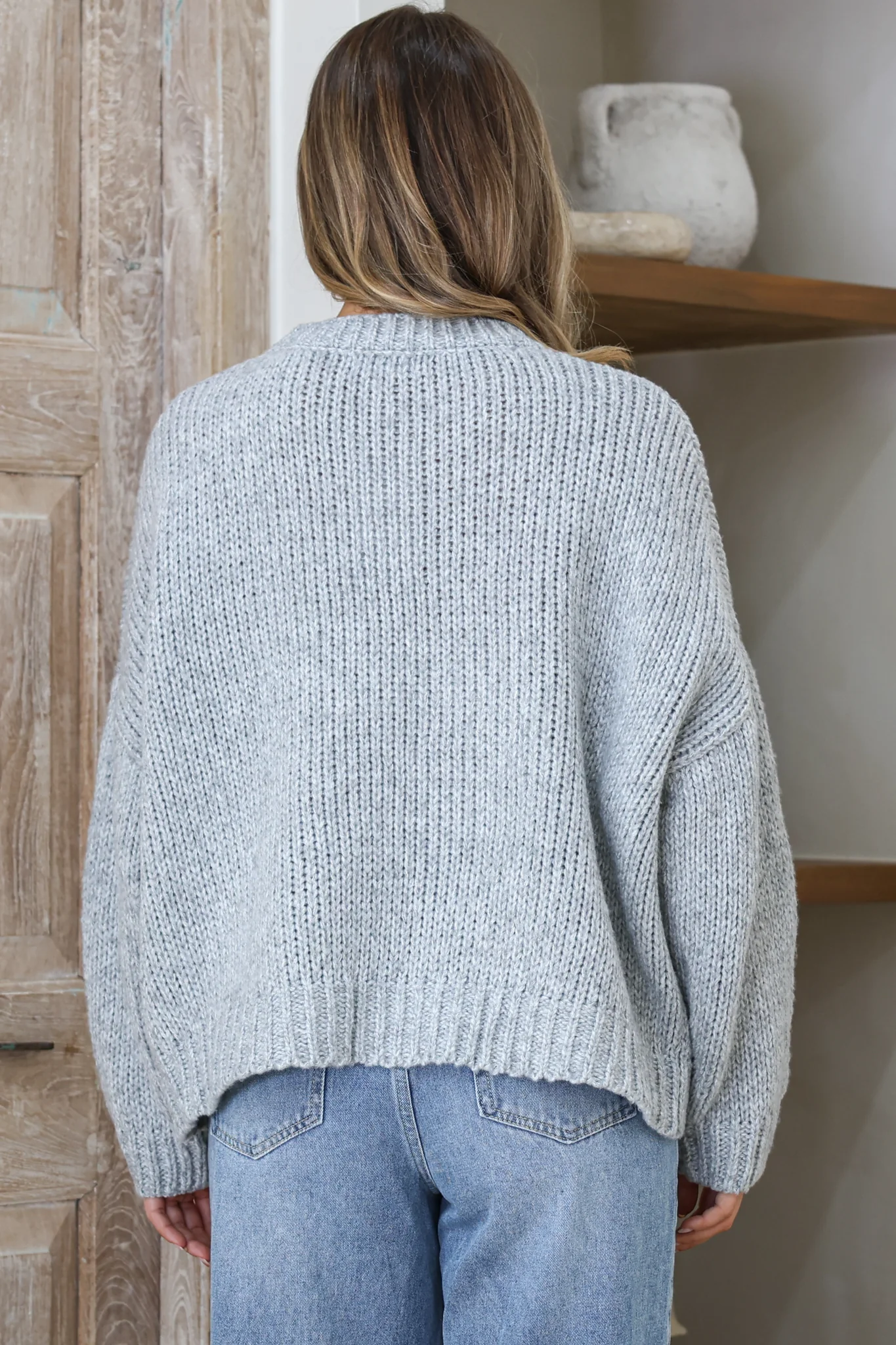 Amara Jumper - Crew Neck Floral Motif Knit with Ribbed Hemlines in Grey - Image 6