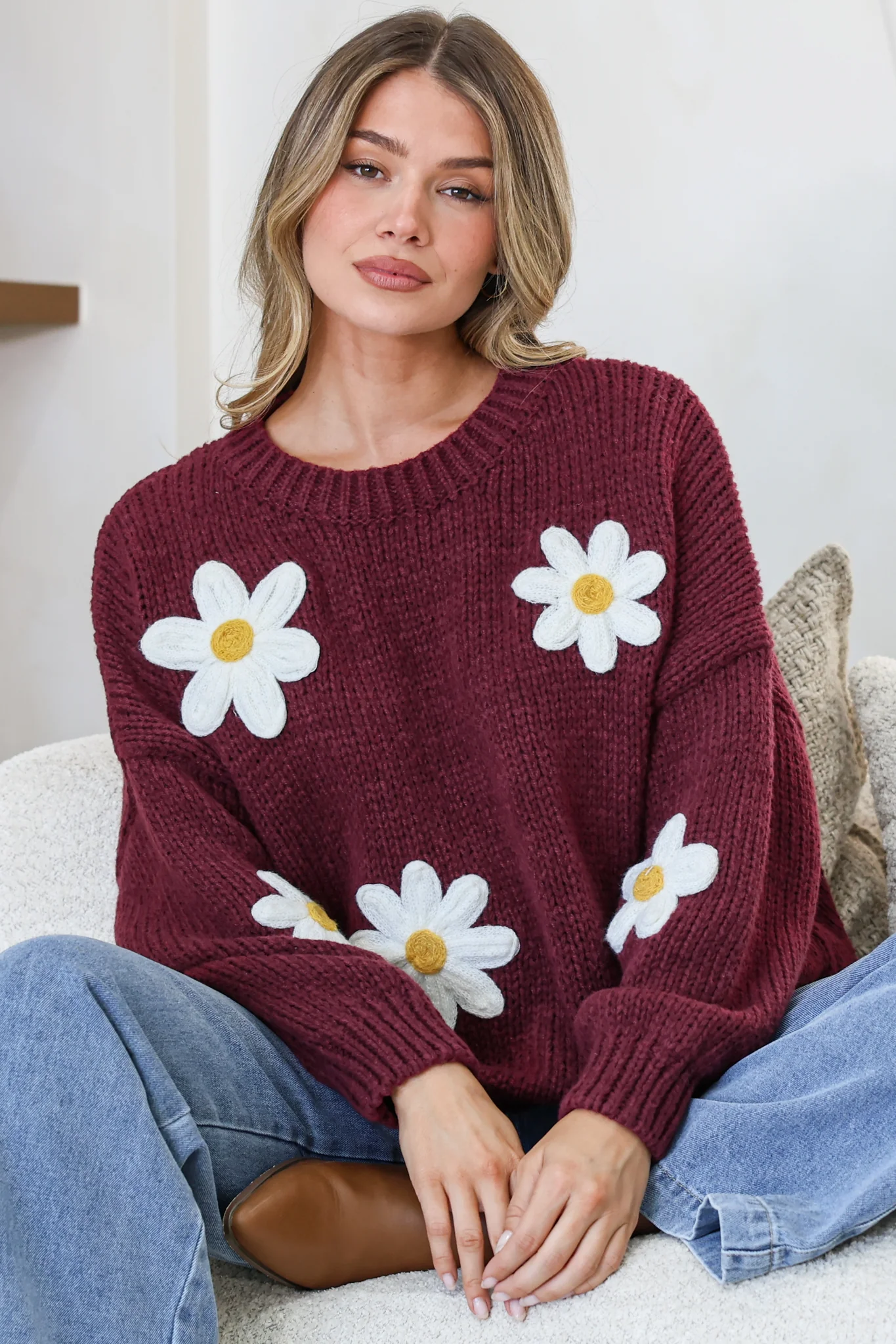 Amara Jumper - Crew Neck Floral Motif Knit with Ribbed Hemlines in Wine - Image 2