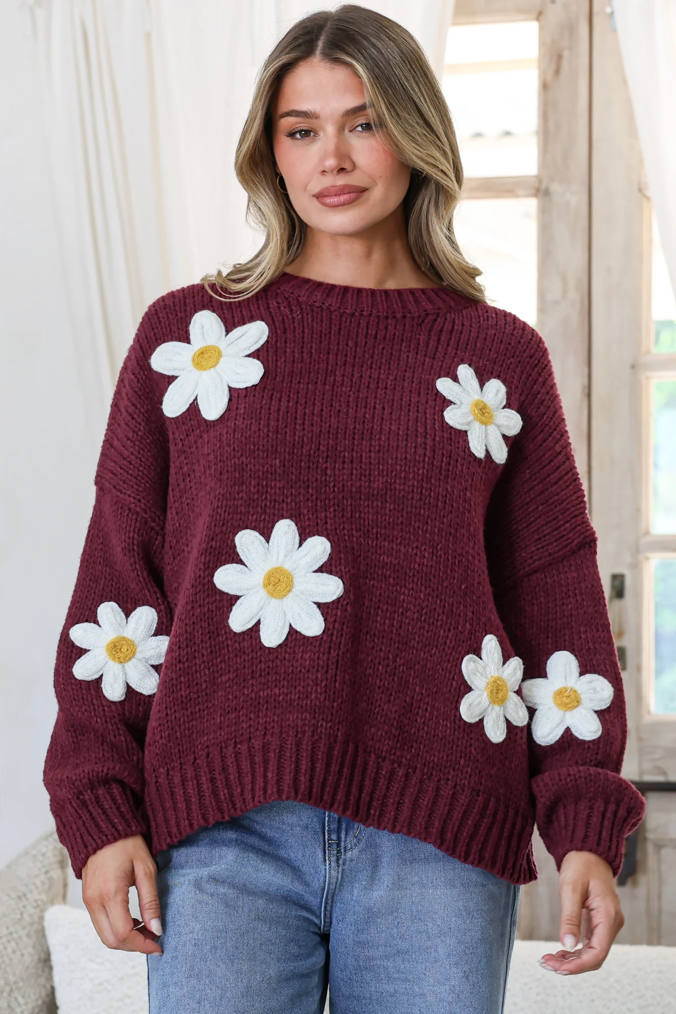 Amara Jumper - Crew Neck Floral Motif Knit with Ribbed Hemlines in Wine - Image 3