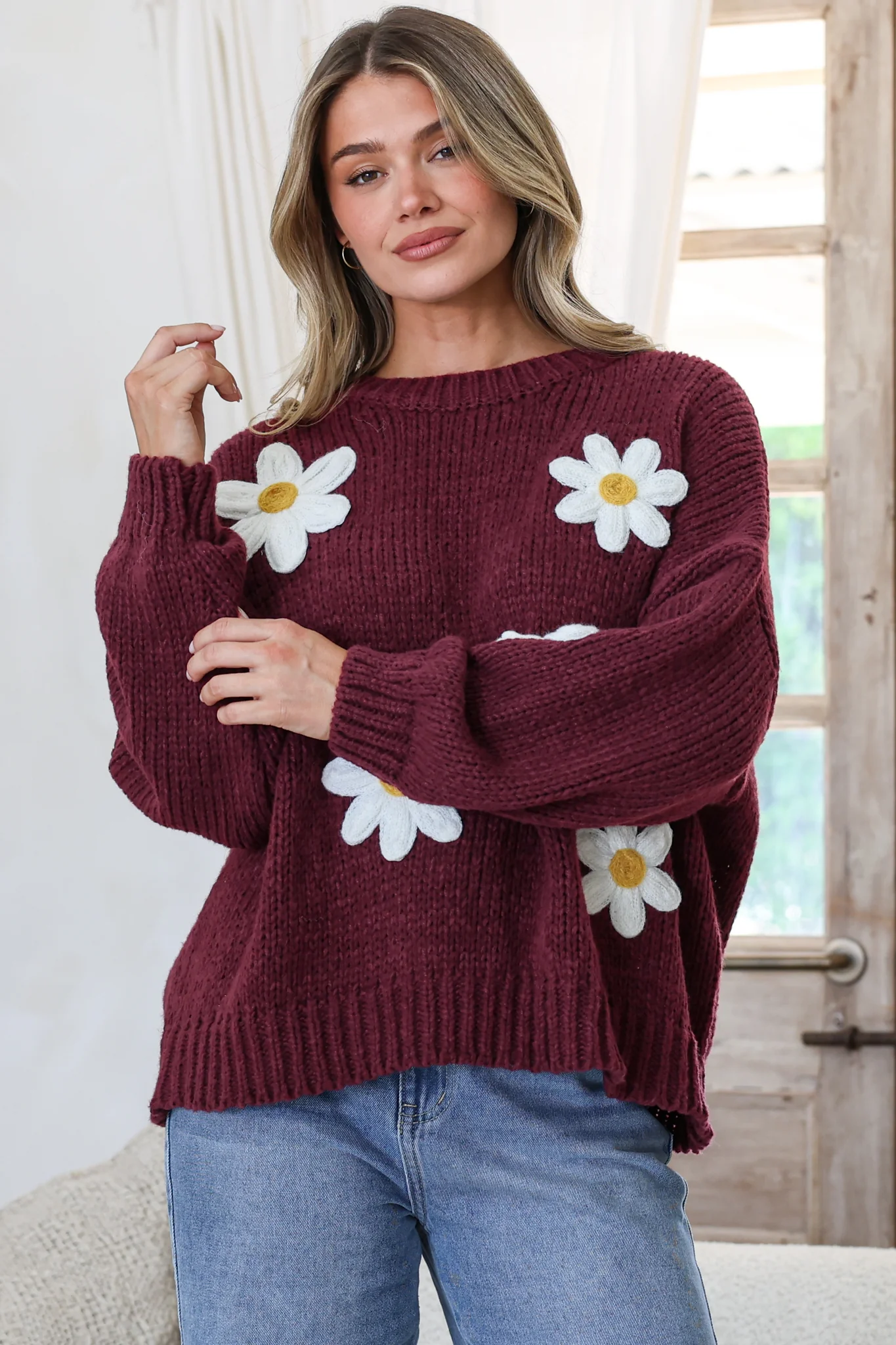 Amara Jumper - Crew Neck Floral Motif Knit with Ribbed Hemlines in Wine - Image 4