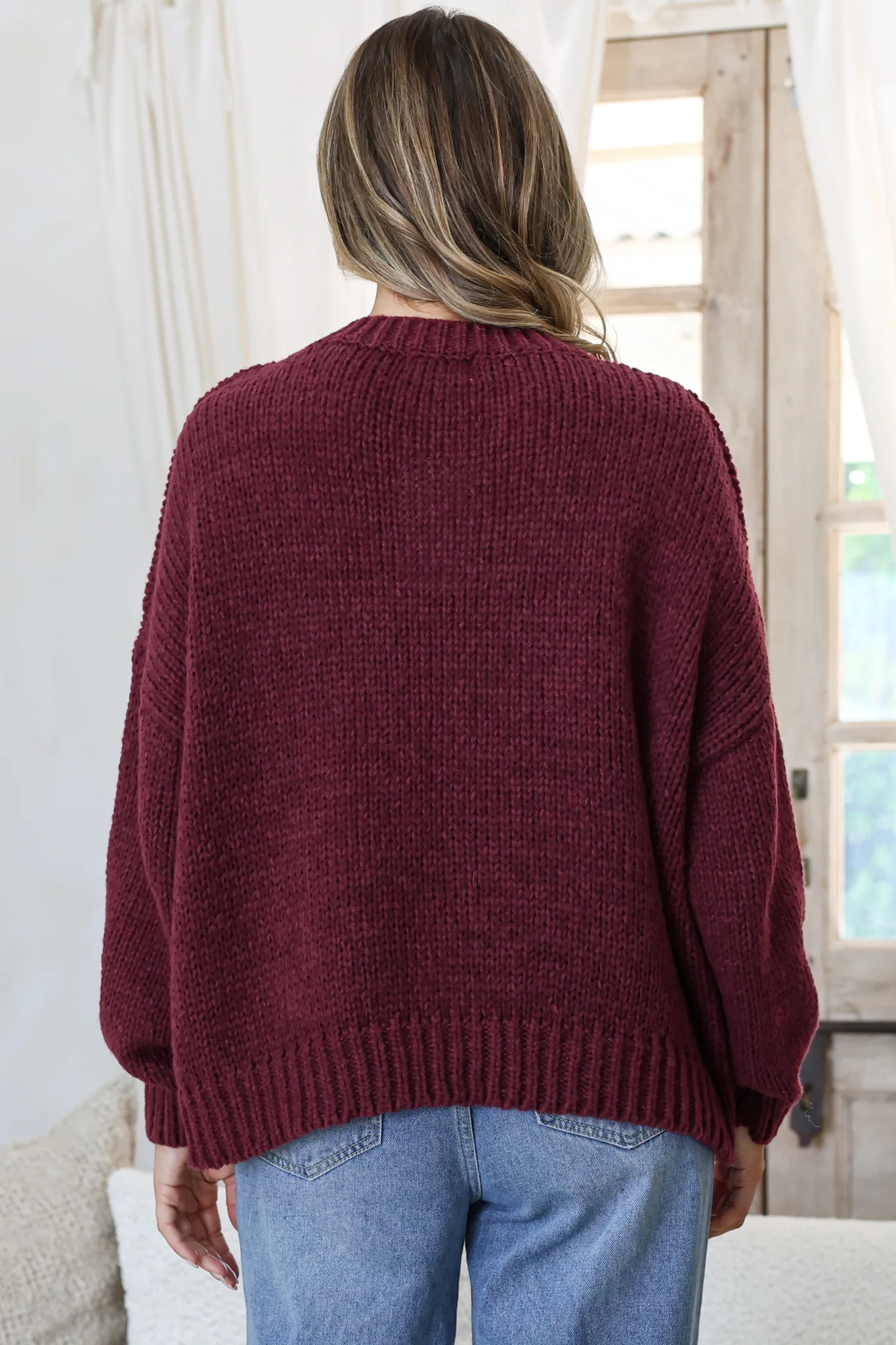 Amara Jumper - Crew Neck Floral Motif Knit with Ribbed Hemlines in Wine - Image 6