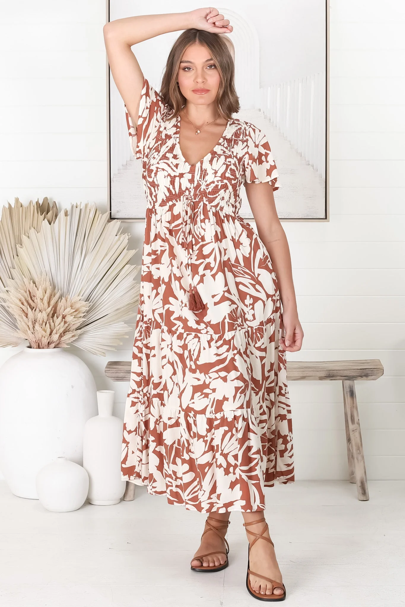 Amaya Midi Dress - Shirred Cap Sleeve A Line Dress in Charis Print Rust - Image 10