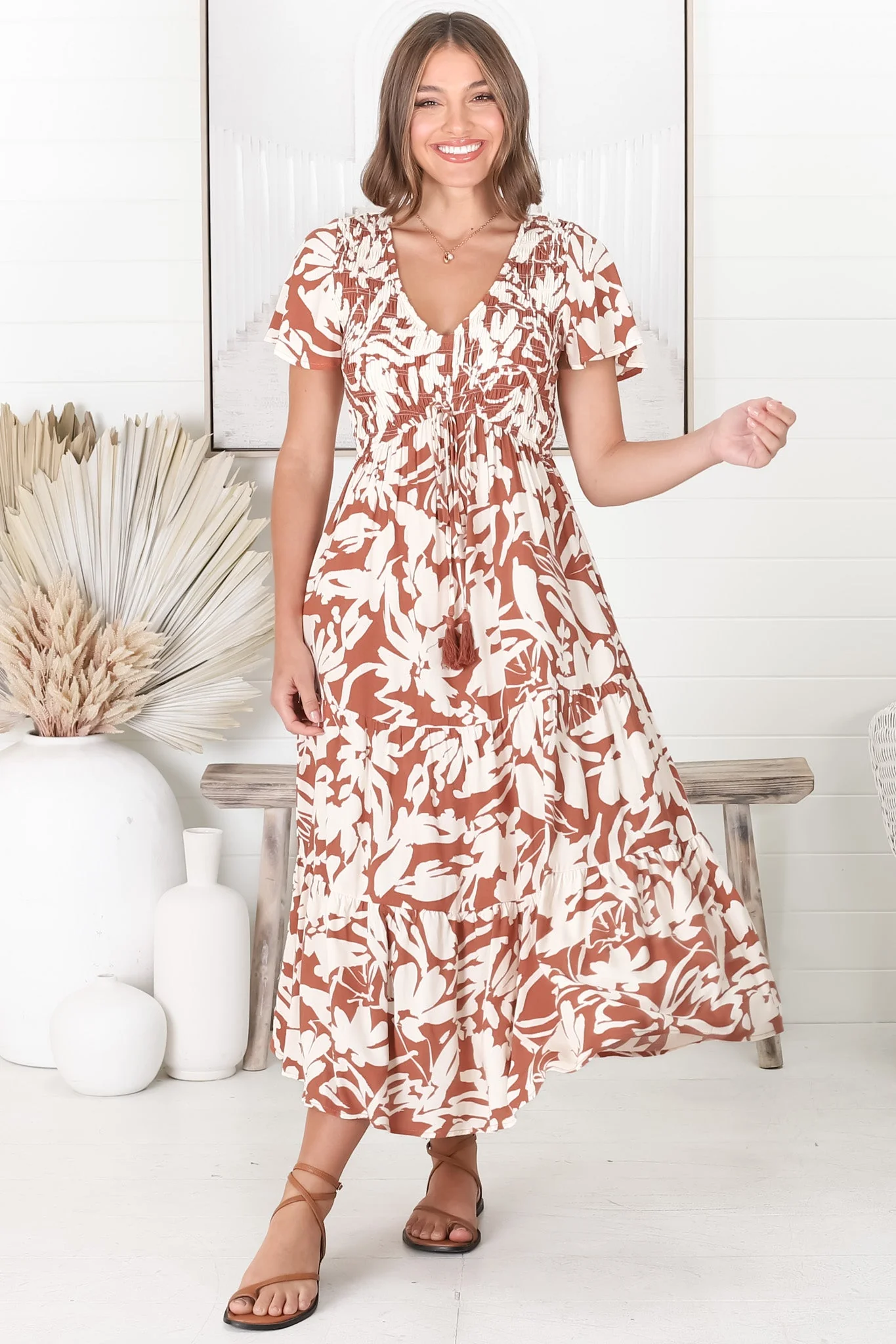 Amaya Midi Dress - Shirred Cap Sleeve A Line Dress in Charis Print Rust - Image 12