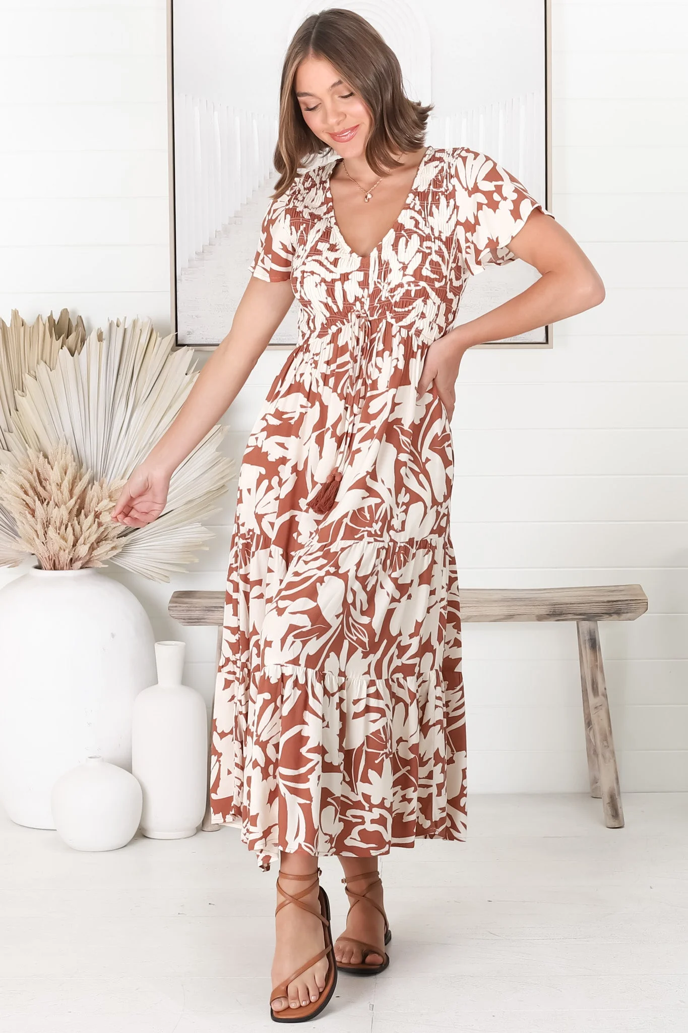 Amaya Midi Dress - Shirred Cap Sleeve A Line Dress in Charis Print Rust - Image 13