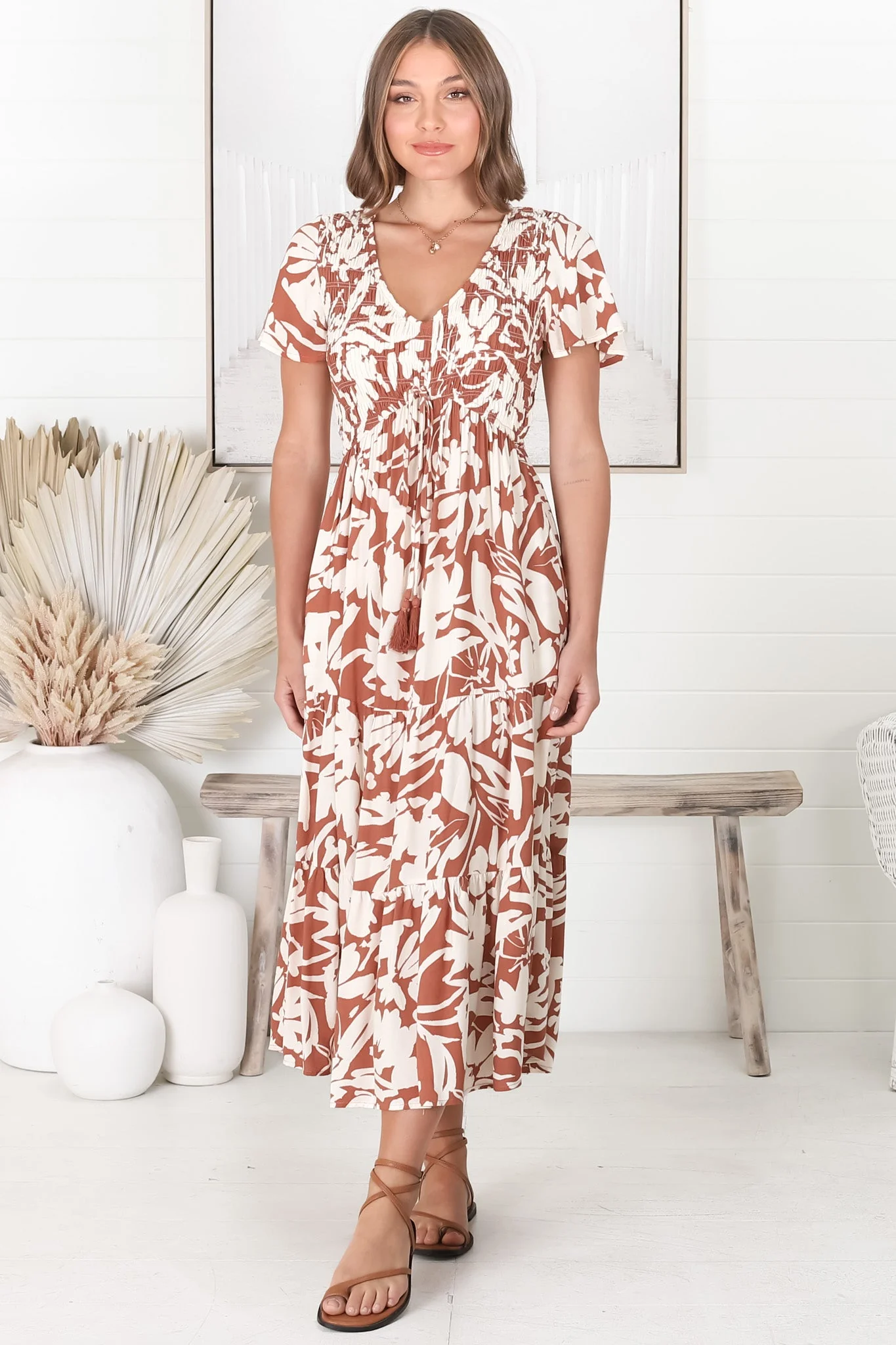Amaya Midi Dress - Shirred Cap Sleeve A Line Dress in Charis Print Rust - Image 14