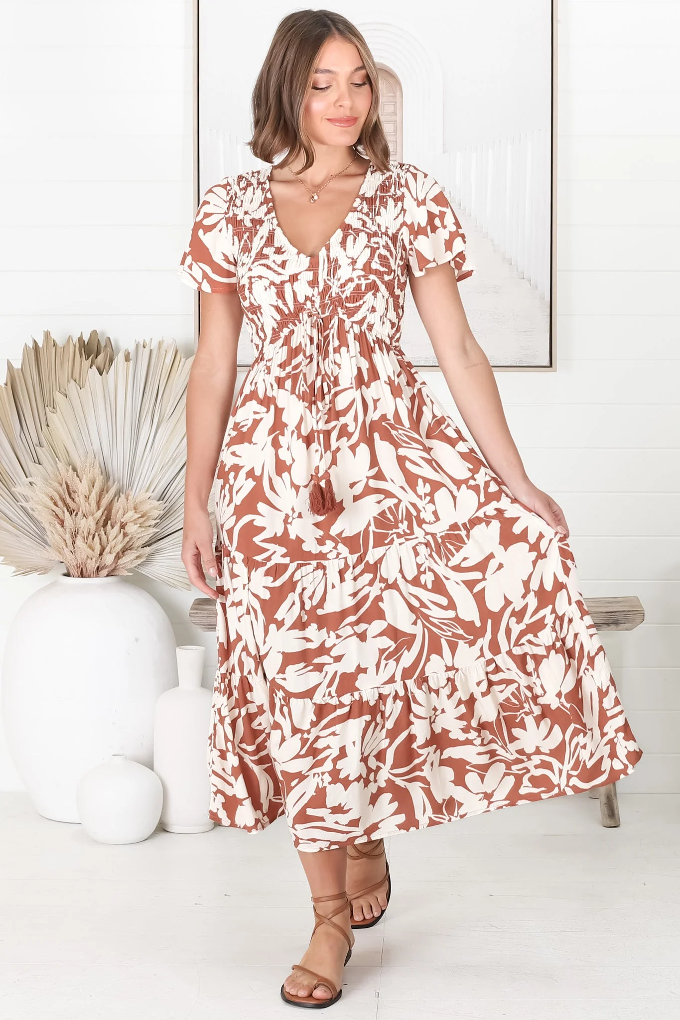 Amaya Midi Dress - Shirred Cap Sleeve A Line Dress in Charis Print Rust - Image 15
