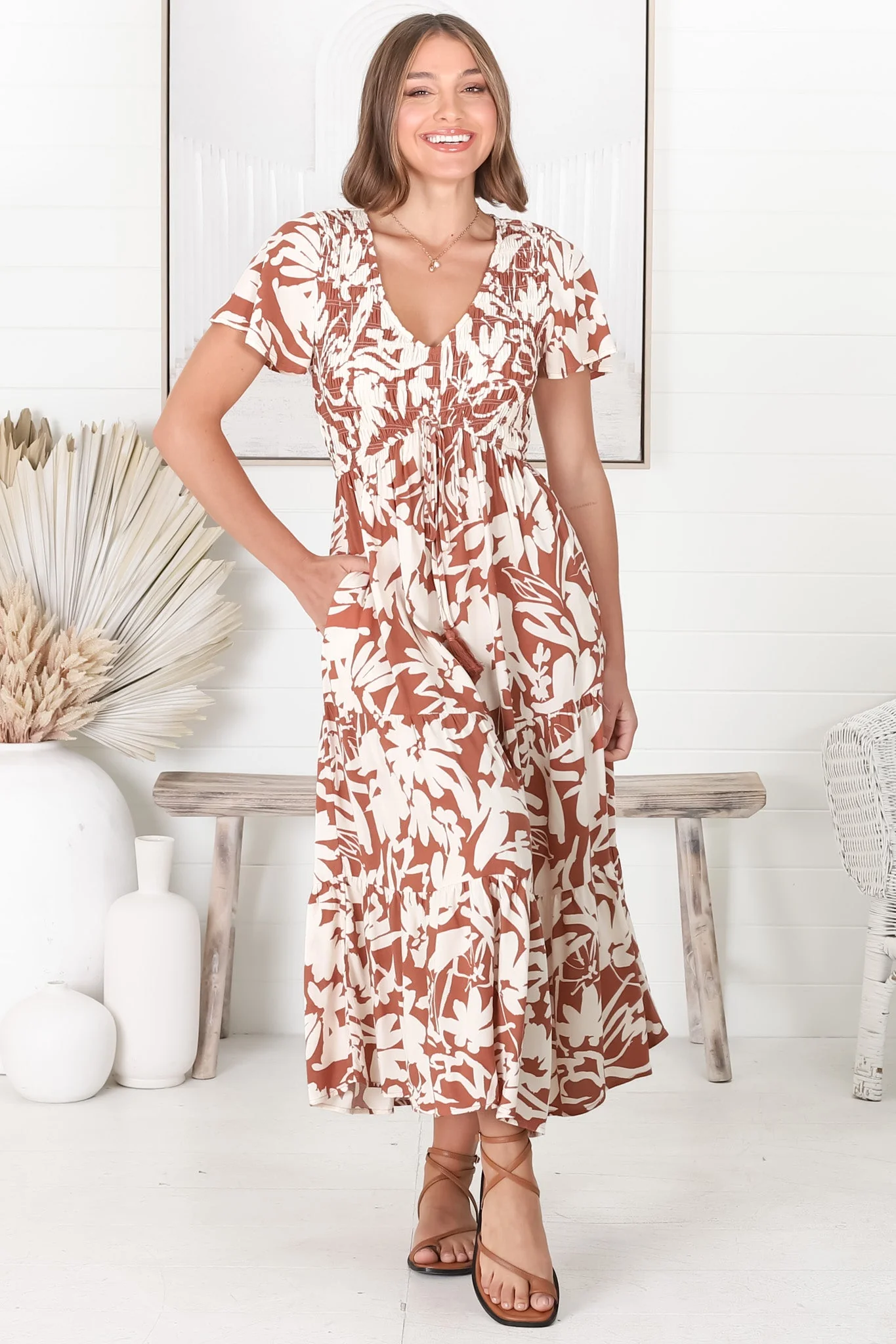 Amaya Midi Dress - Shirred Cap Sleeve A Line Dress in Charis Print Rust - Image 16
