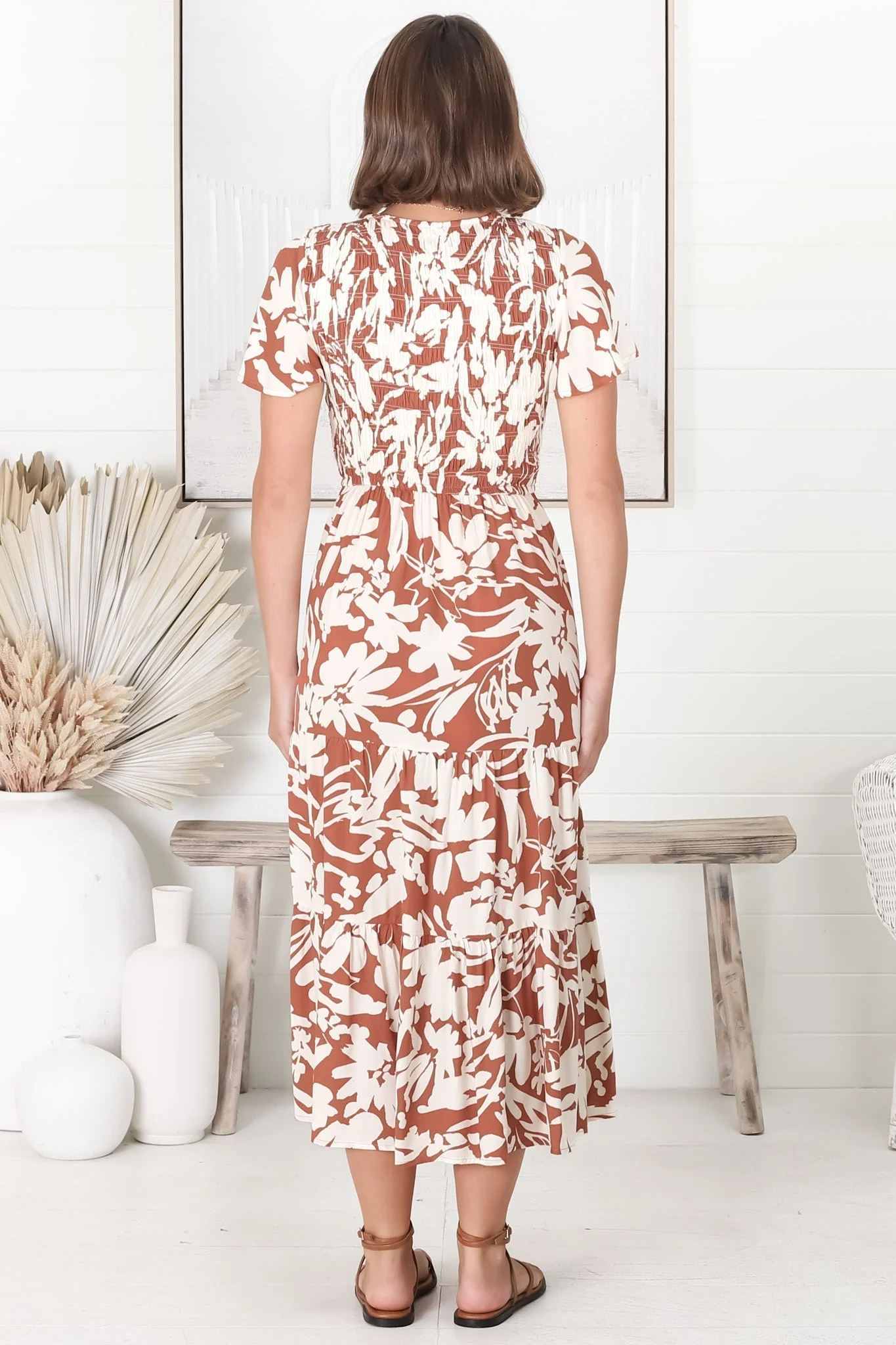 Amaya Midi Dress - Shirred Cap Sleeve A Line Dress in Charis Print Rust - Image 17
