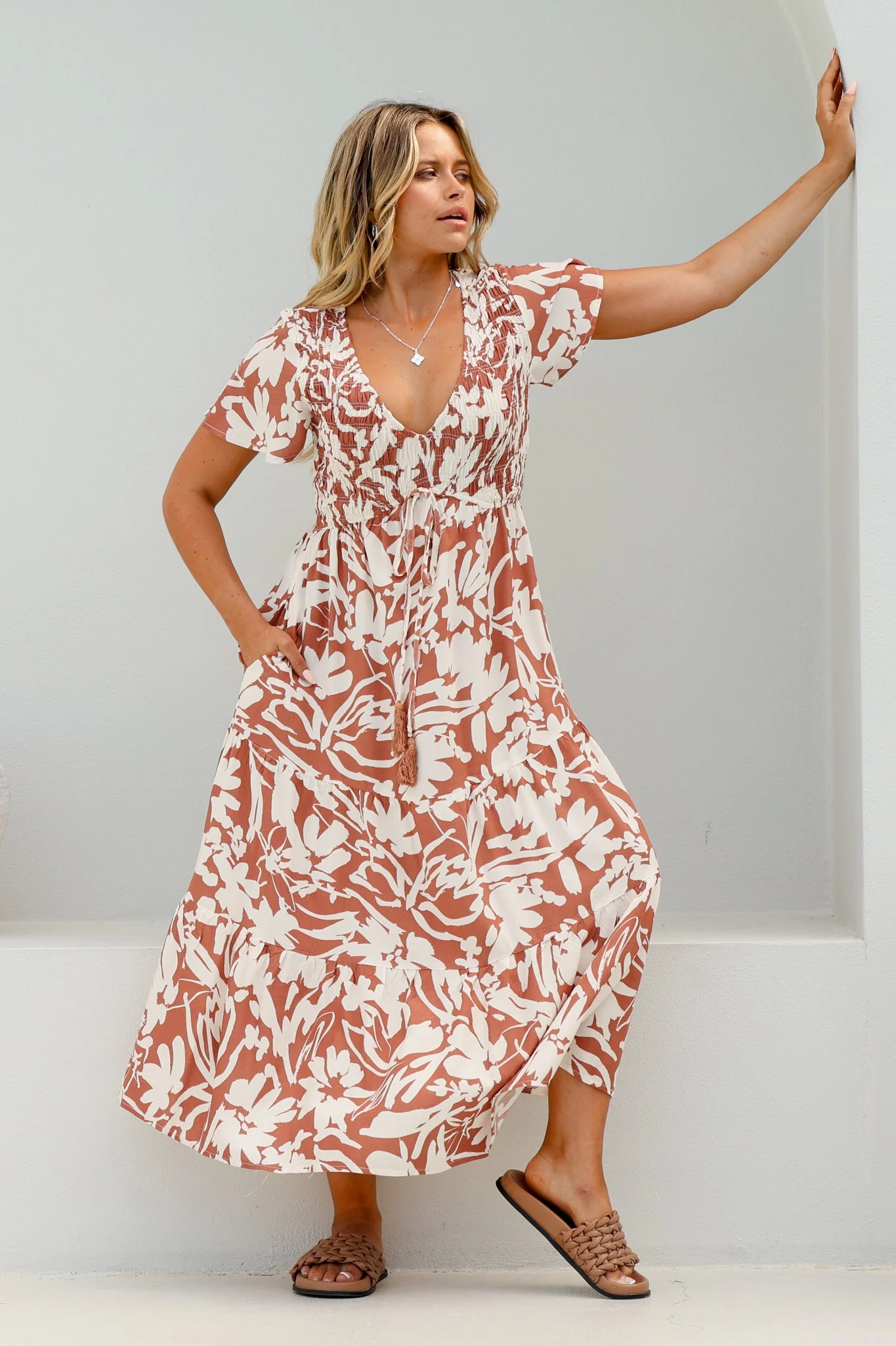 Amaya Midi Dress - Shirred Cap Sleeve A Line Dress in Charis Print Rust - Image 4