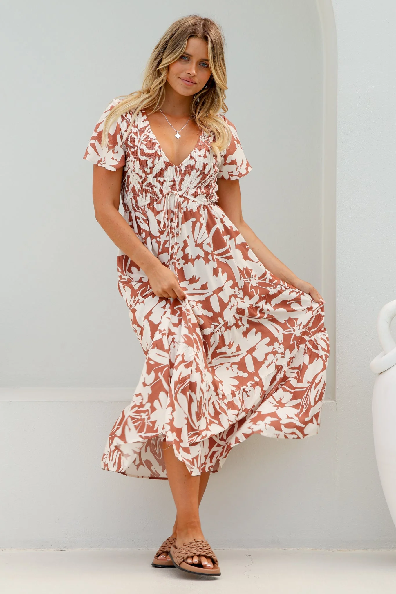 Amaya Midi Dress - Shirred Cap Sleeve A Line Dress in Charis Print Rust - Image 5