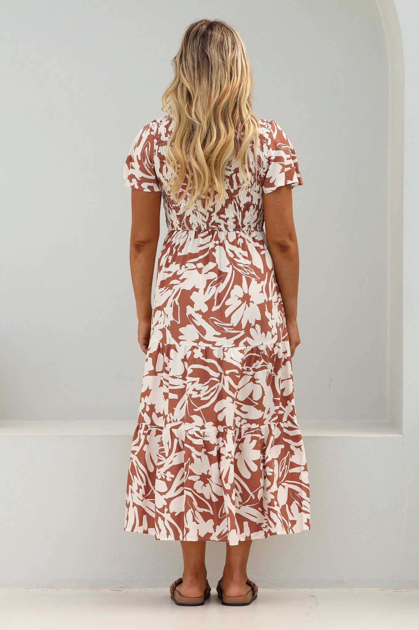 Amaya Midi Dress - Shirred Cap Sleeve A Line Dress in Charis Print Rust - Image 6