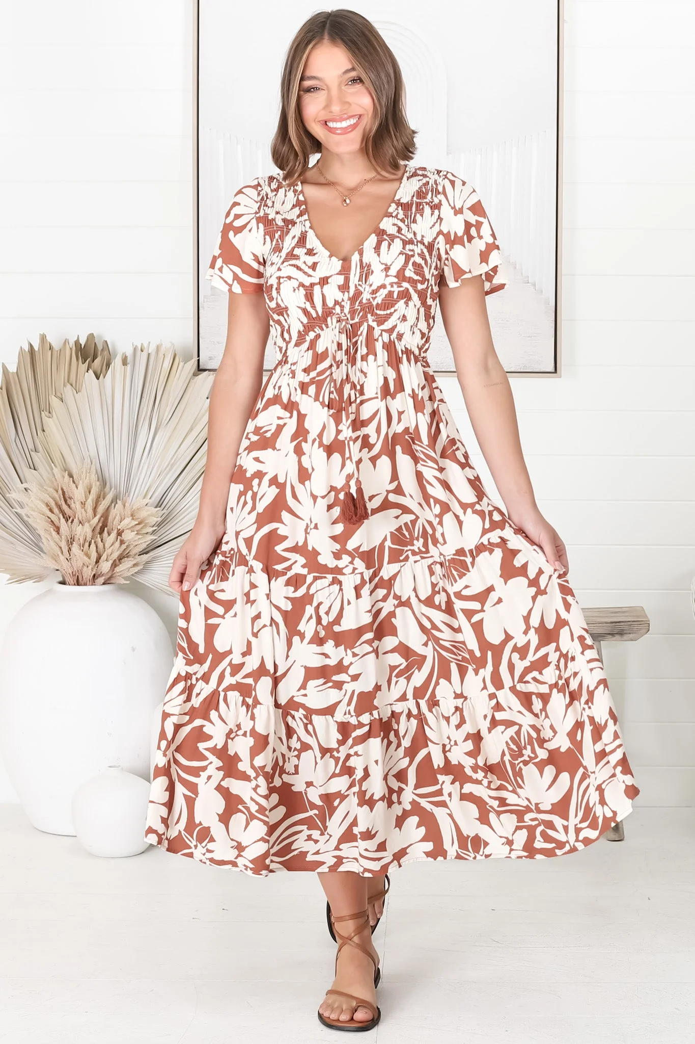 Amaya Midi Dress - Shirred Cap Sleeve A Line Dress in Charis Print Rust - Image 7