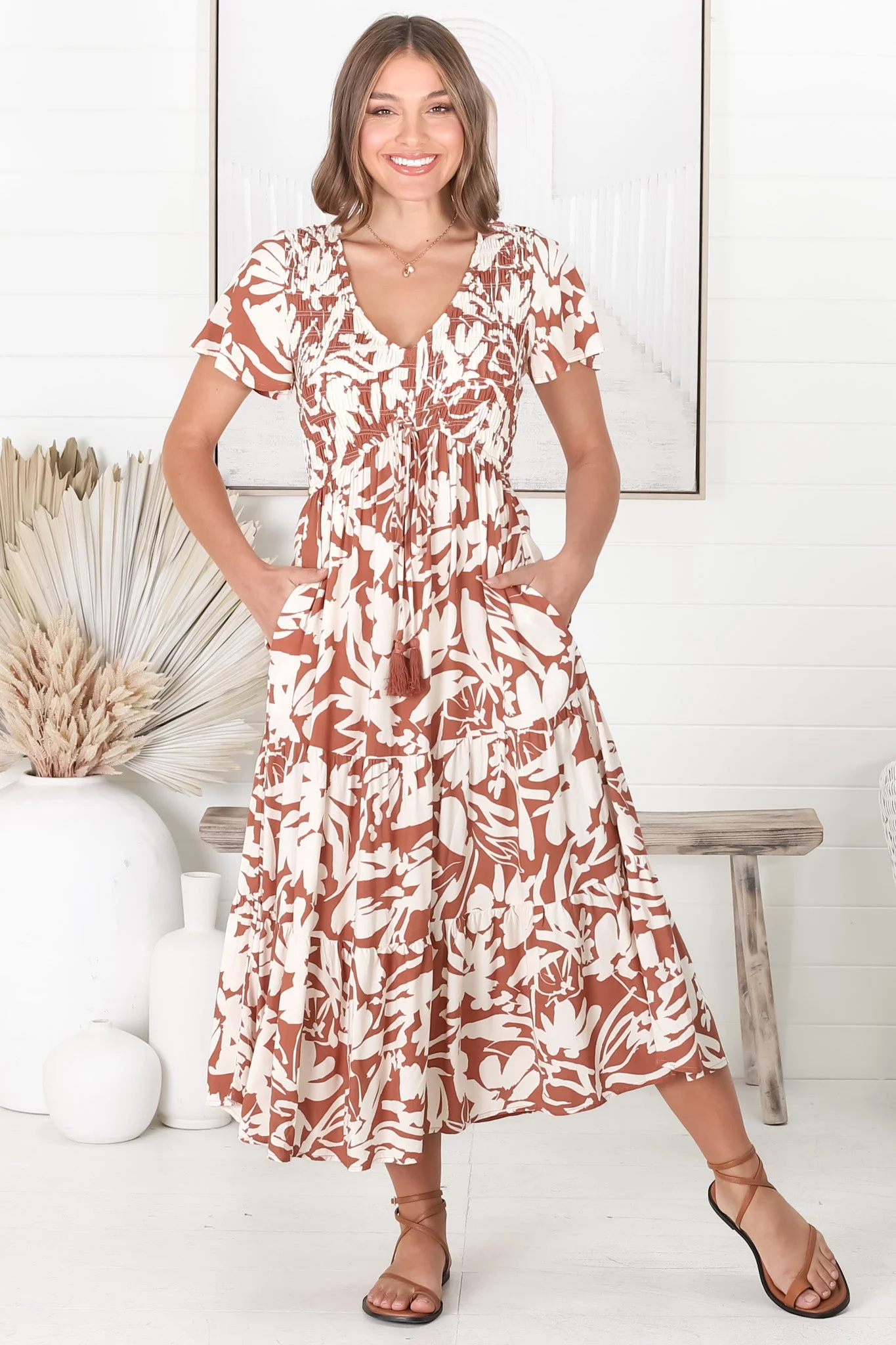 Amaya Midi Dress - Shirred Cap Sleeve A Line Dress in Charis Print Rust - Image 8