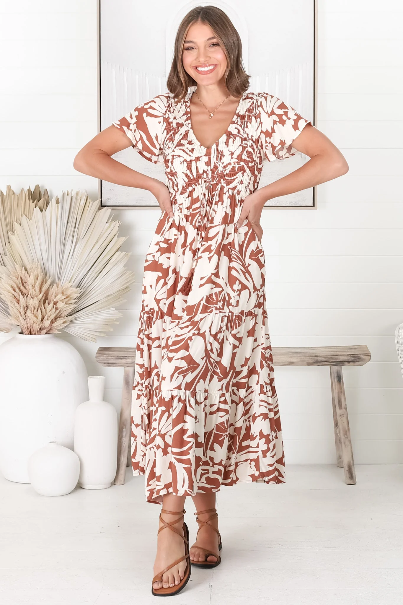 Amaya Midi Dress - Shirred Cap Sleeve A Line Dress in Charis Print Rust - Image 9