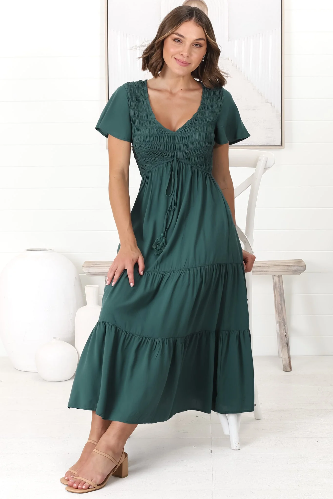 Amaya Midi Dress - Shirred Cap Sleeve A Line Dress in Emerald - Image 2