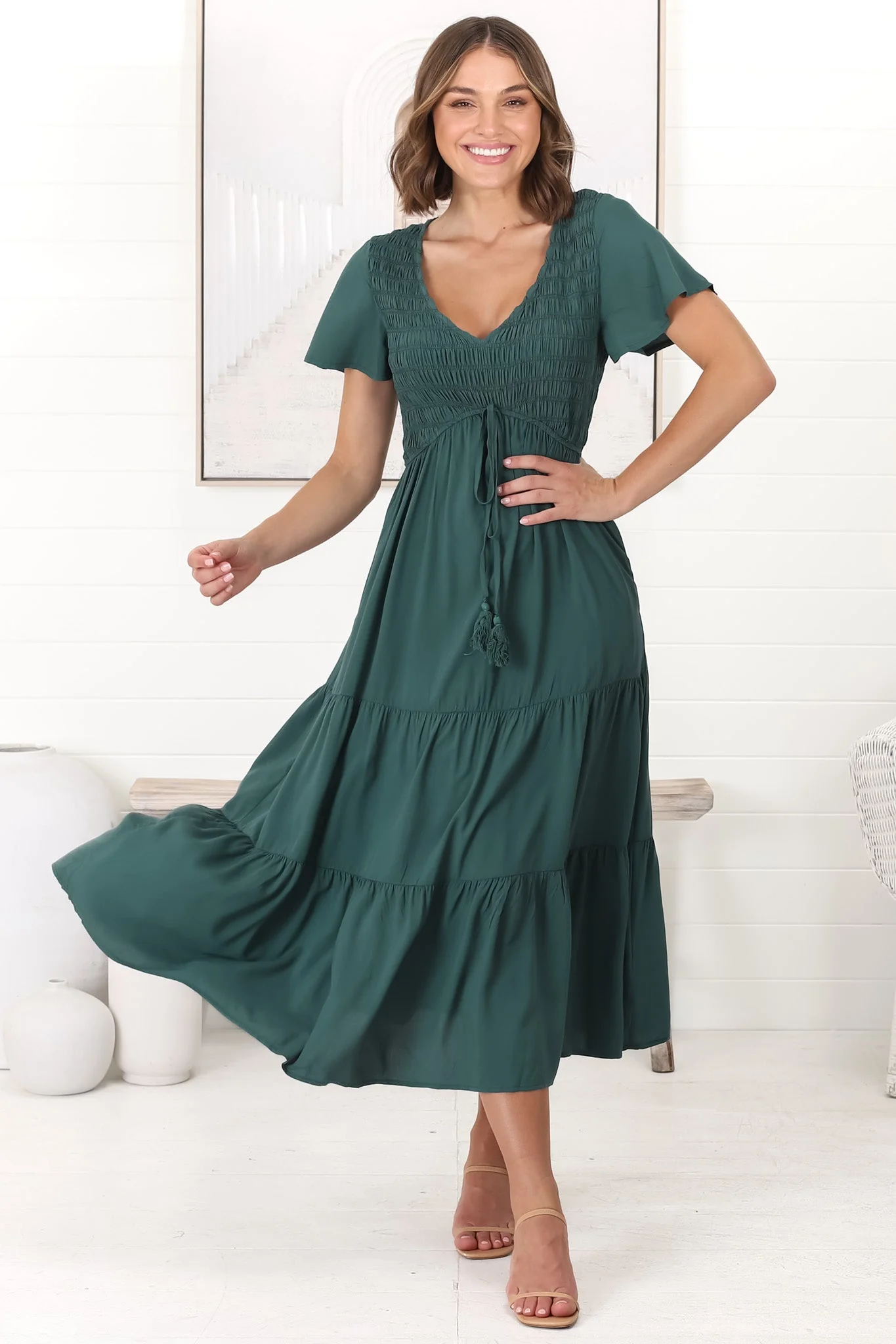 Amaya Midi Dress - Shirred Cap Sleeve A Line Dress in Emerald - Image 3