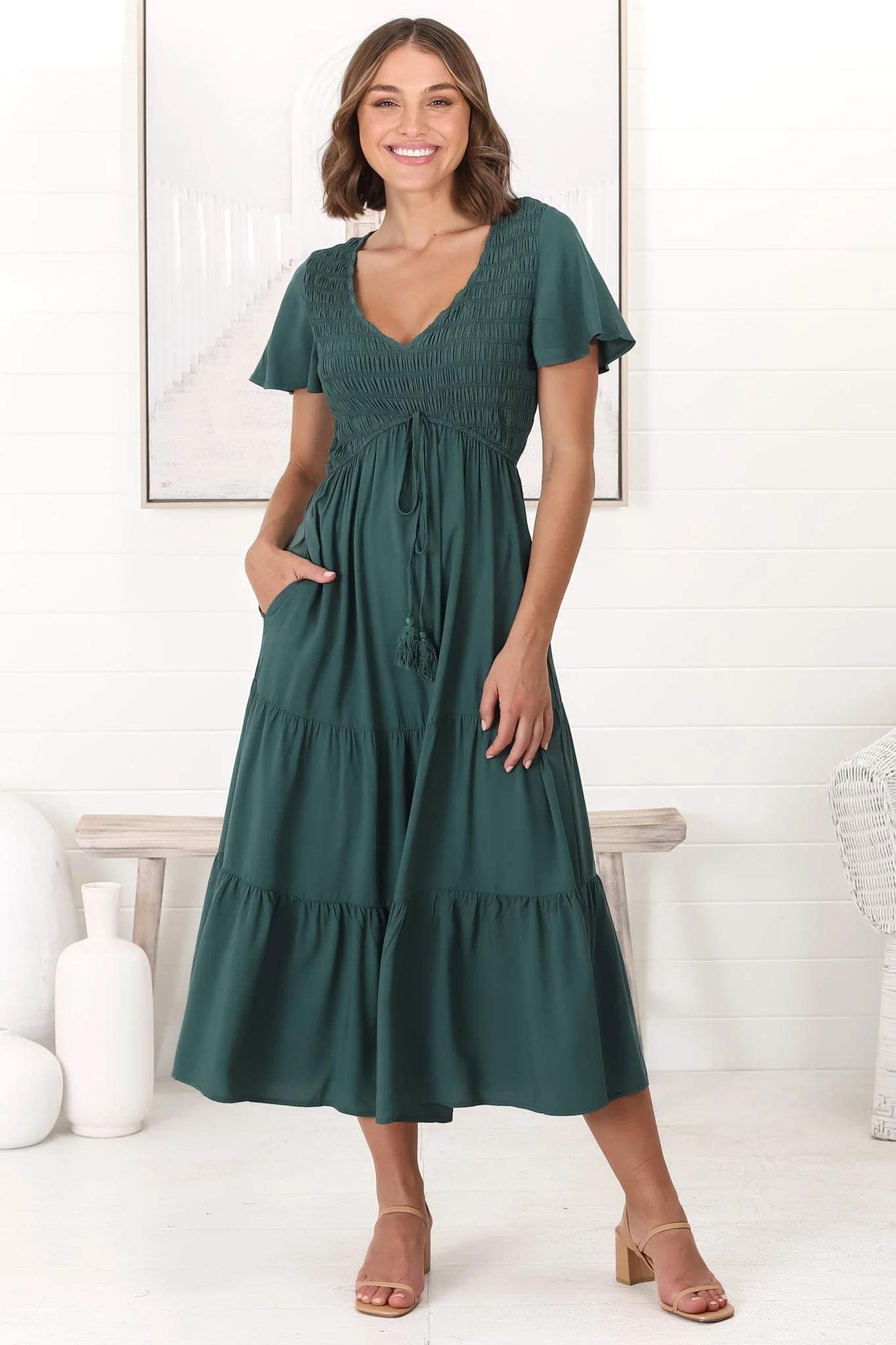 Amaya Midi Dress - Shirred Cap Sleeve A Line Dress in Emerald - Image 4