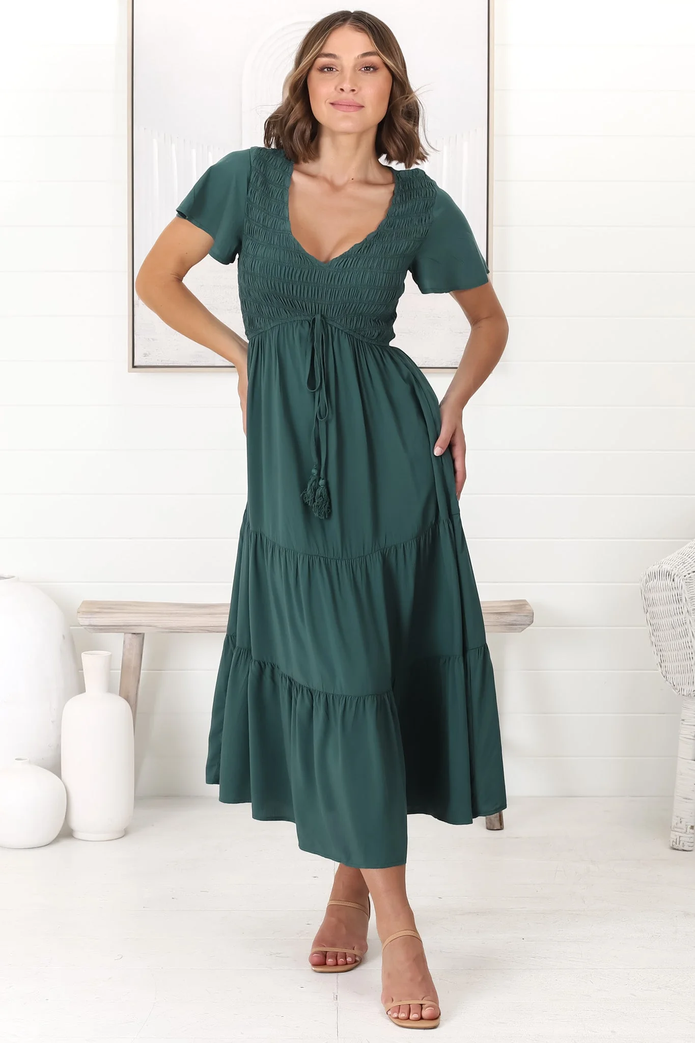 Amaya Midi Dress - Shirred Cap Sleeve A Line Dress in Emerald - Image 5