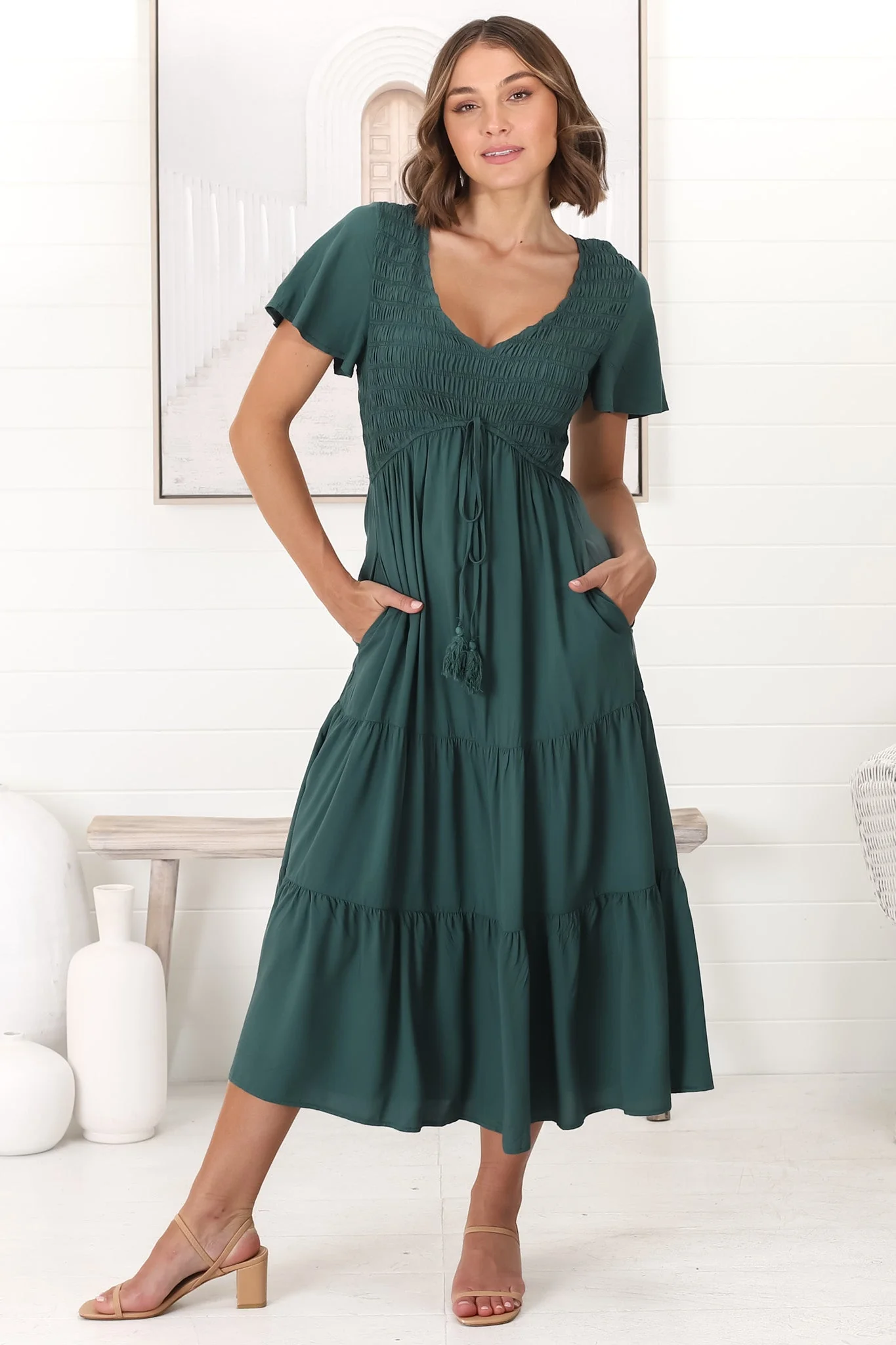 Amaya Midi Dress - Shirred Cap Sleeve A Line Dress in Emerald - Image 6