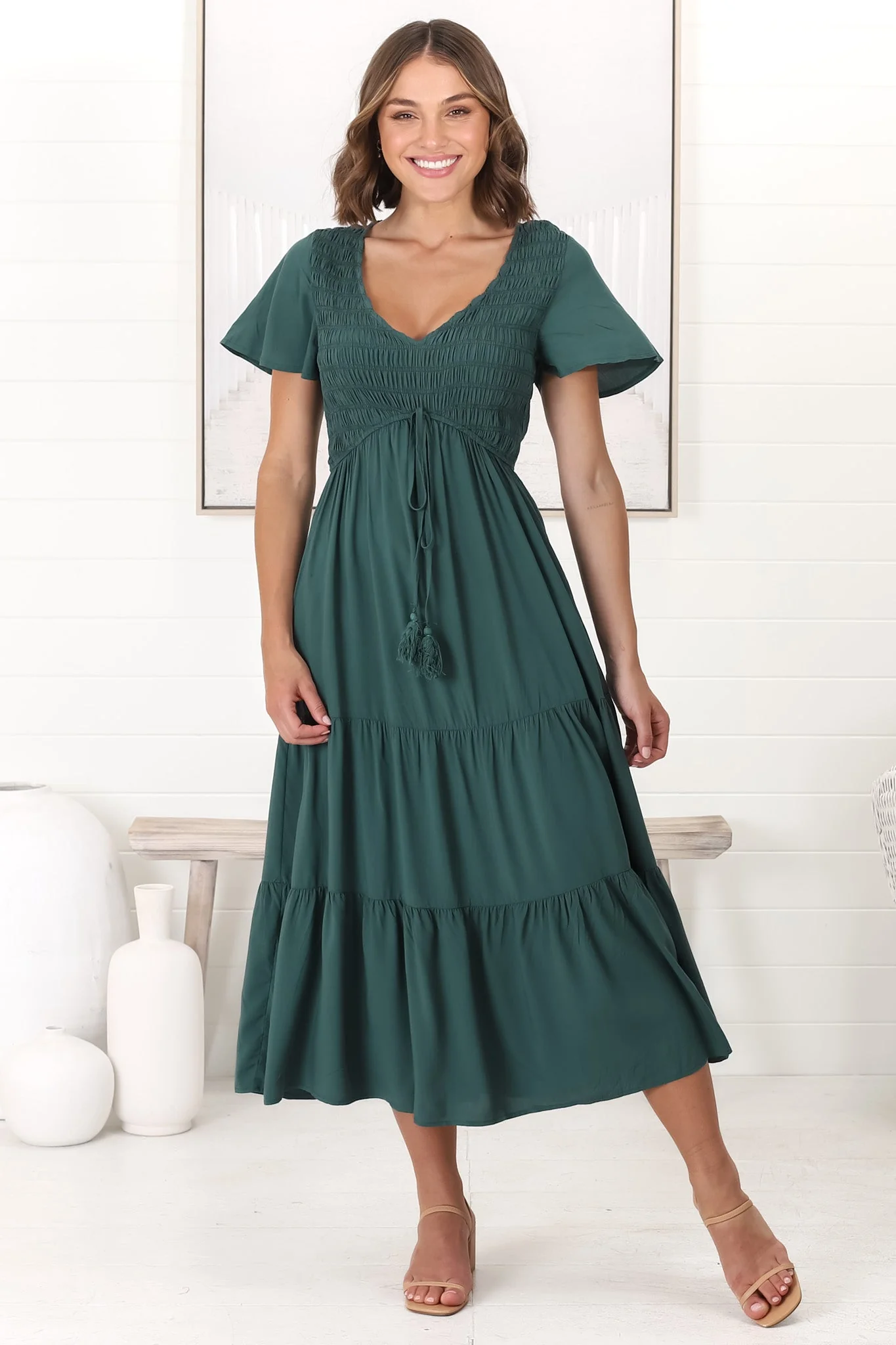 Amaya Midi Dress - Shirred Cap Sleeve A Line Dress in Emerald - Image 7