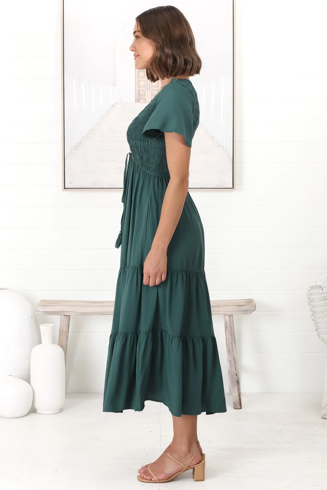 Amaya Midi Dress - Shirred Cap Sleeve A Line Dress in Emerald - Image 8