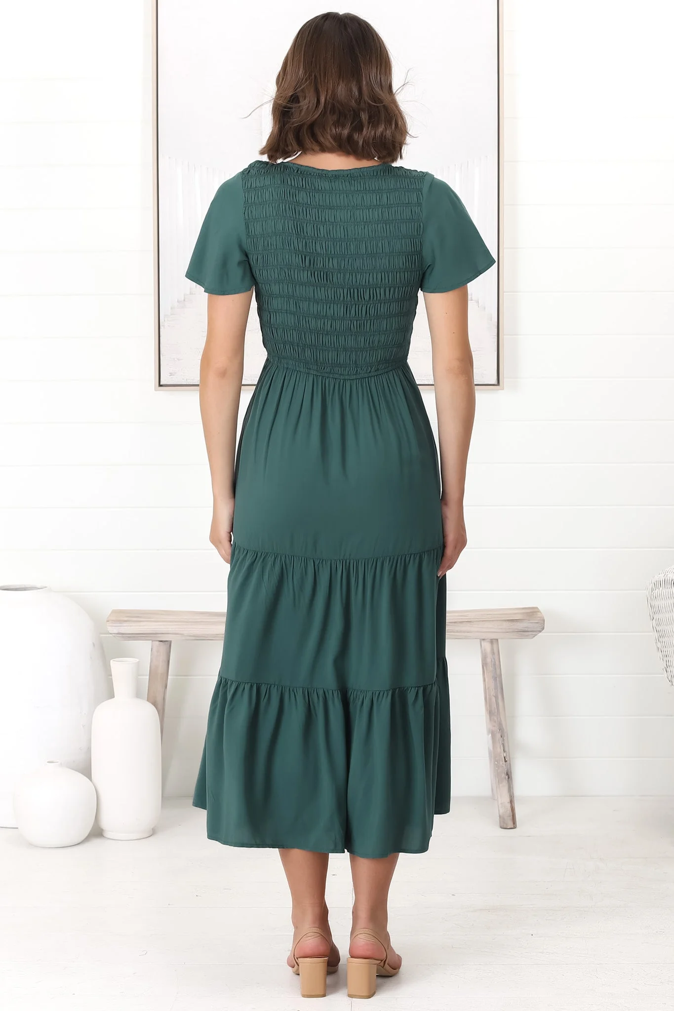 Amaya Midi Dress - Shirred Cap Sleeve A Line Dress in Emerald - Image 9