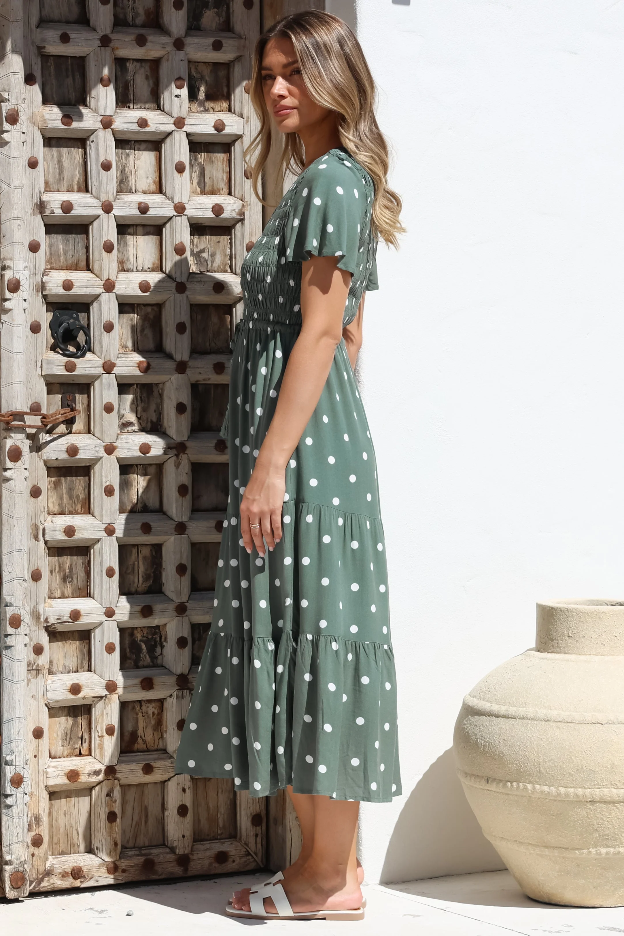 Amaya Midi Dress - Shirred Cap Sleeve A Line Dress in Parisian Polka Khaki - Image 10