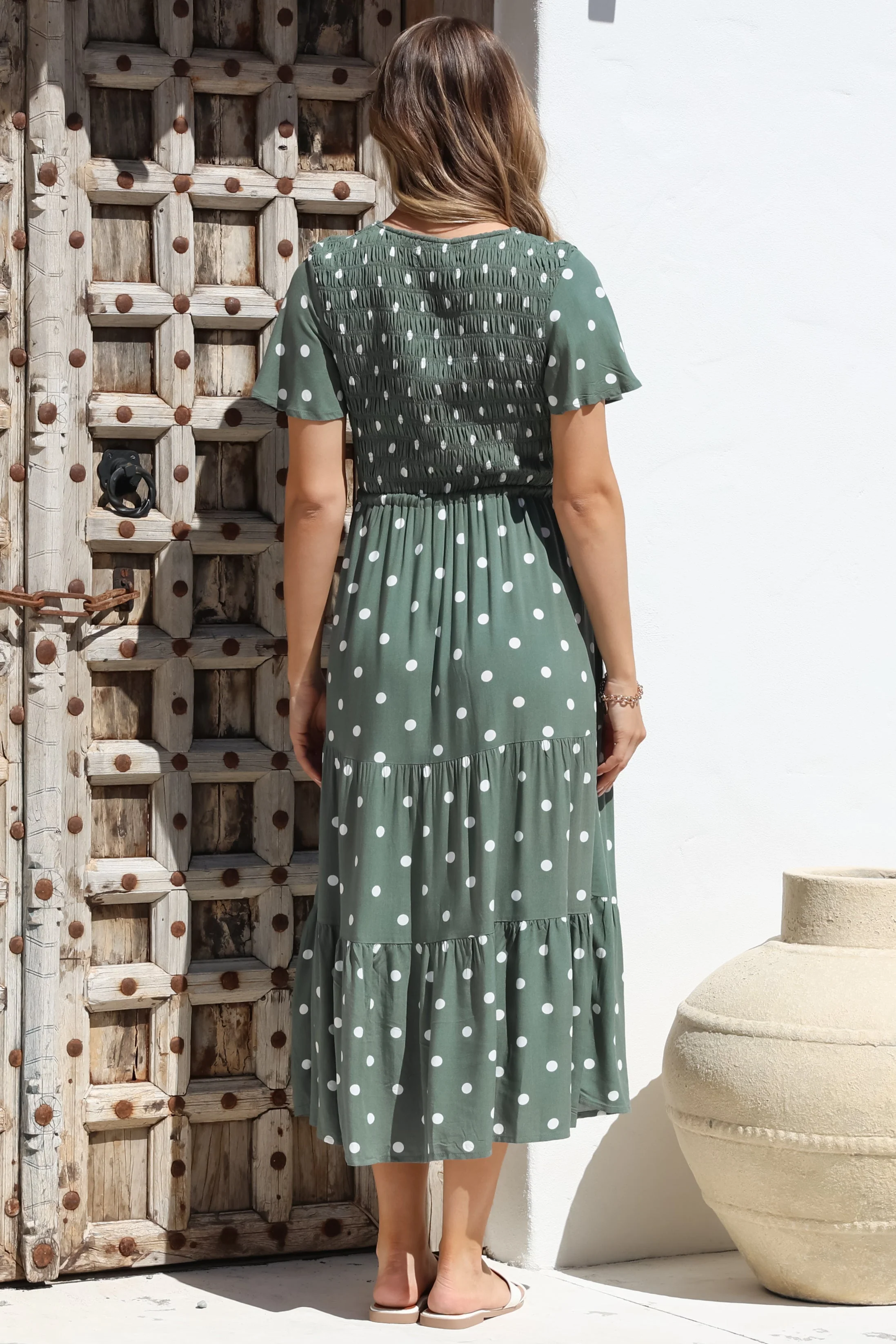 Amaya Midi Dress - Shirred Cap Sleeve A Line Dress in Parisian Polka Khaki - Image 11