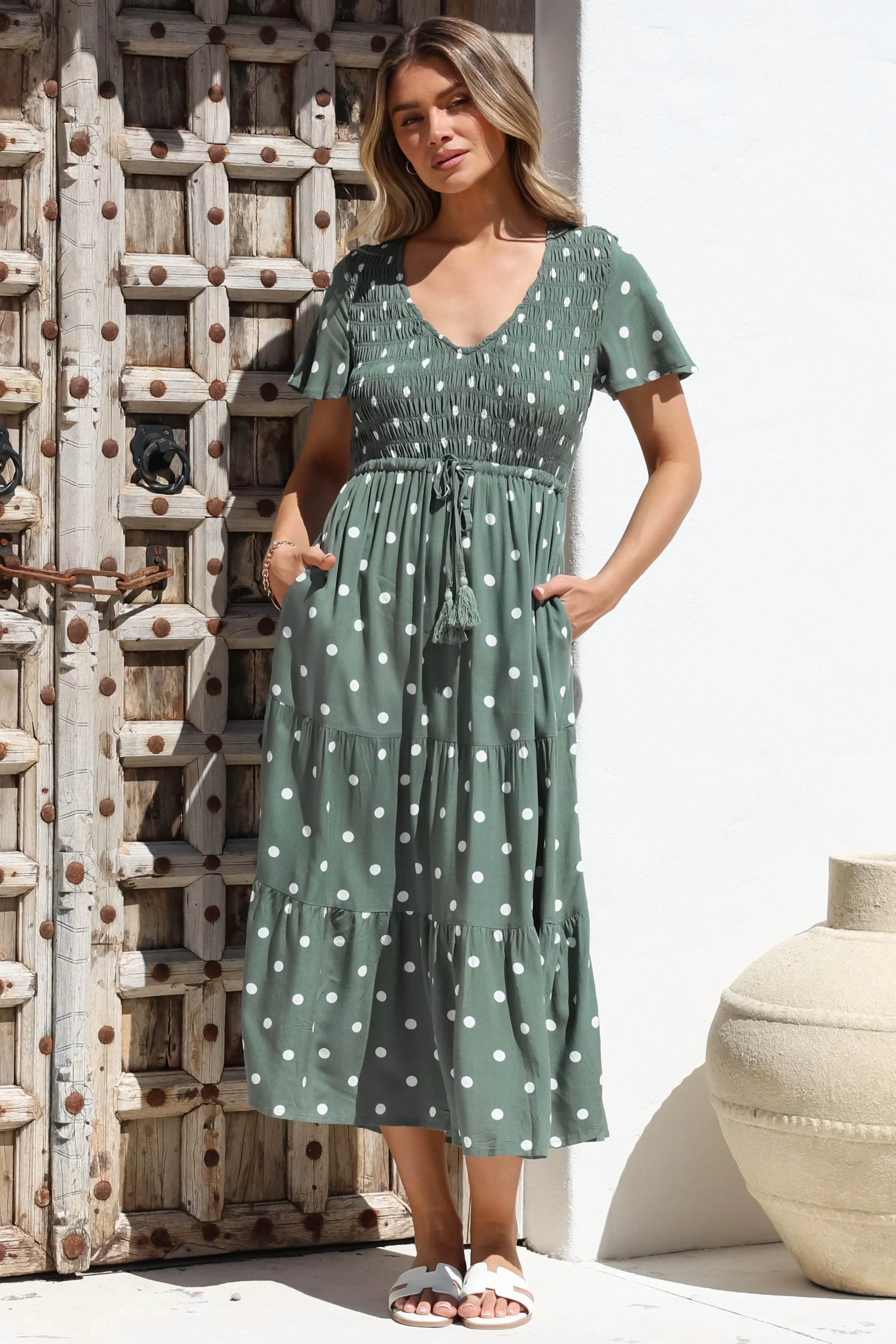 Amaya Midi Dress - Shirred Cap Sleeve A Line Dress in Parisian Polka Khaki - Image 3