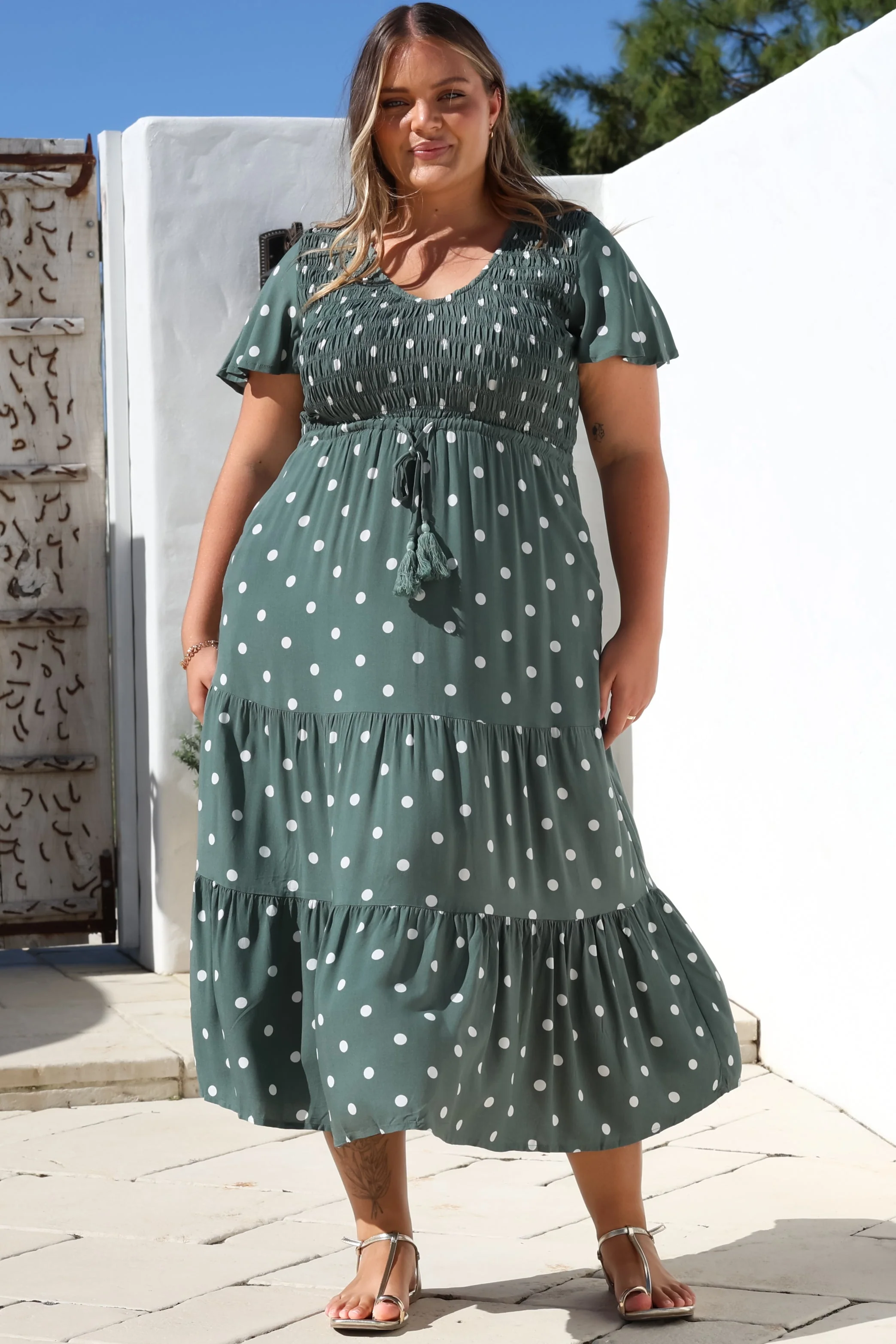 Amaya Midi Dress - Shirred Cap Sleeve A Line Dress in Parisian Polka Khaki - Image 5