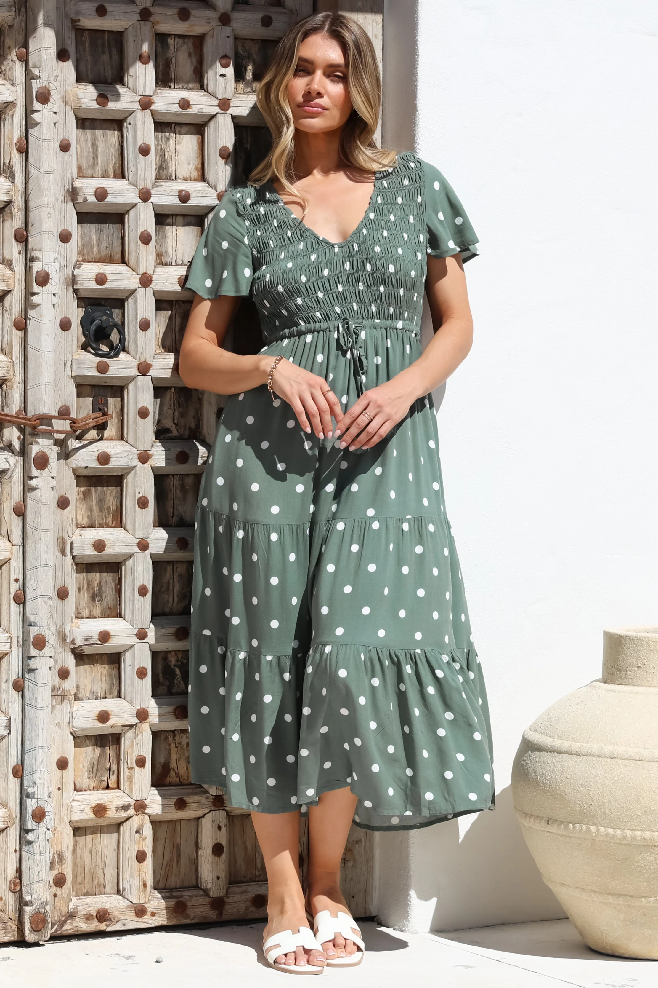 Amaya Midi Dress - Shirred Cap Sleeve A Line Dress in Parisian Polka Khaki - Image 6