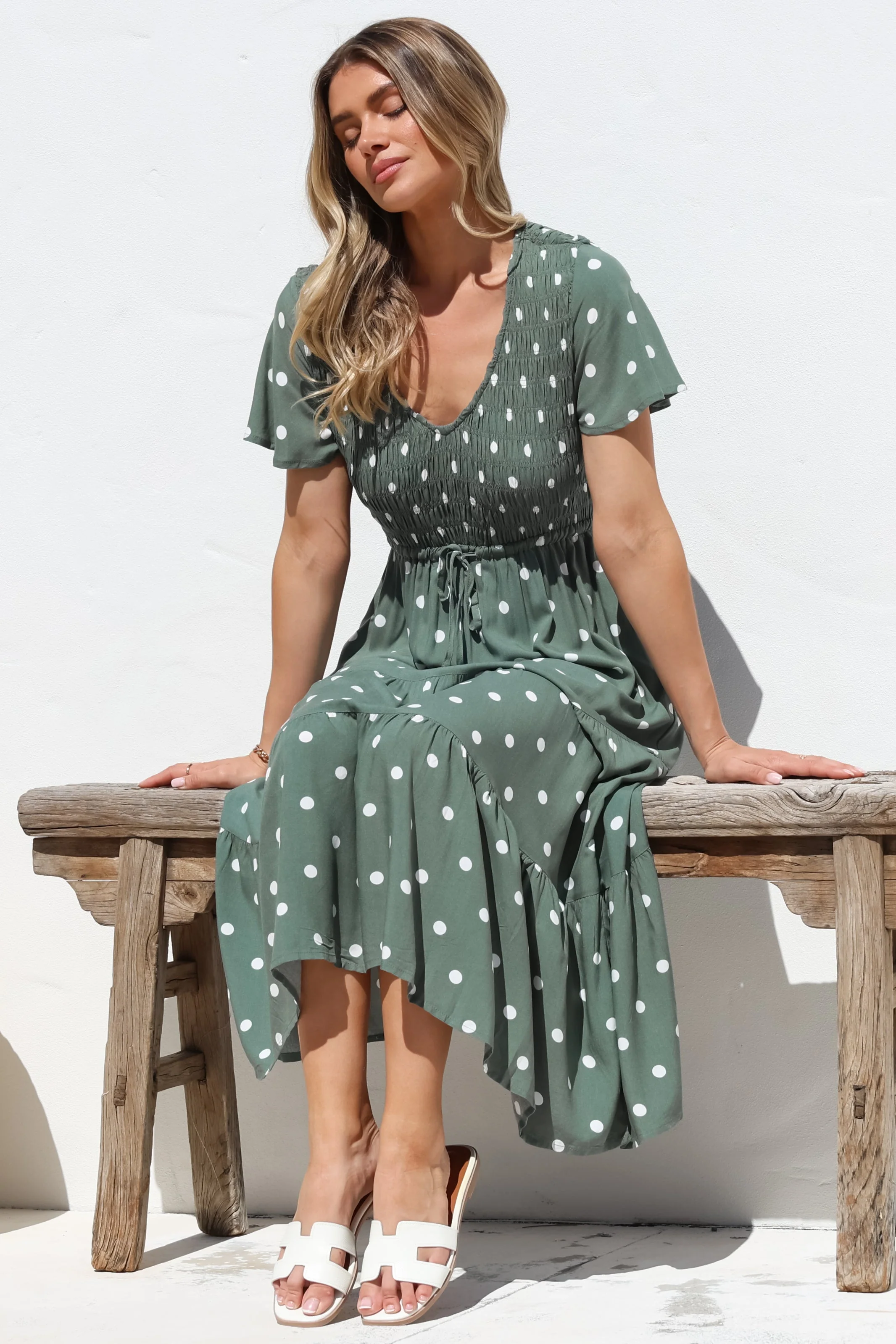 Amaya Midi Dress - Shirred Cap Sleeve A Line Dress in Parisian Polka Khaki - Image 7